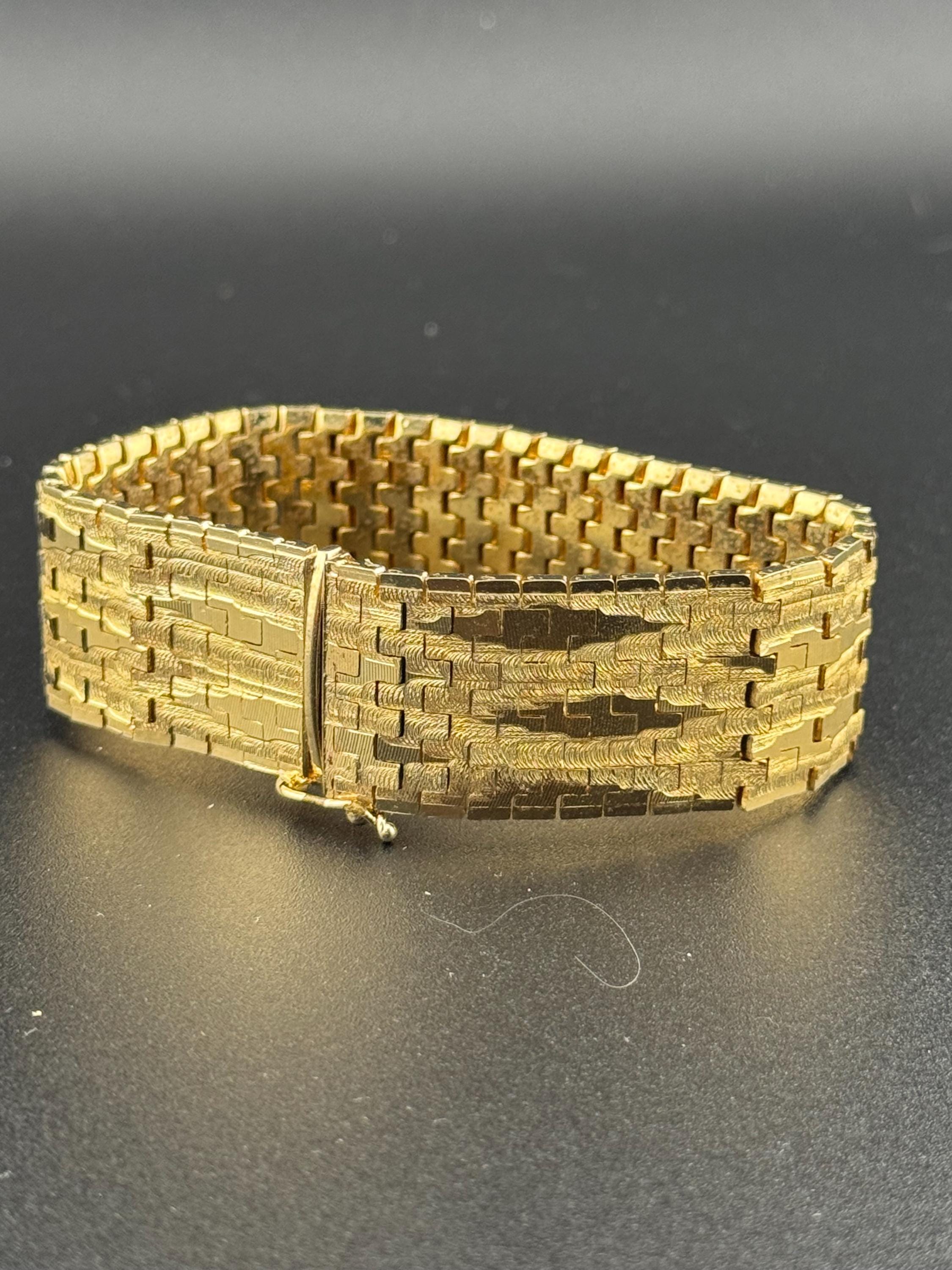 1970s articulated flat stamped Italy plaque gold plated cuff wrap bracelet 19.5cm long x 2cm Italian