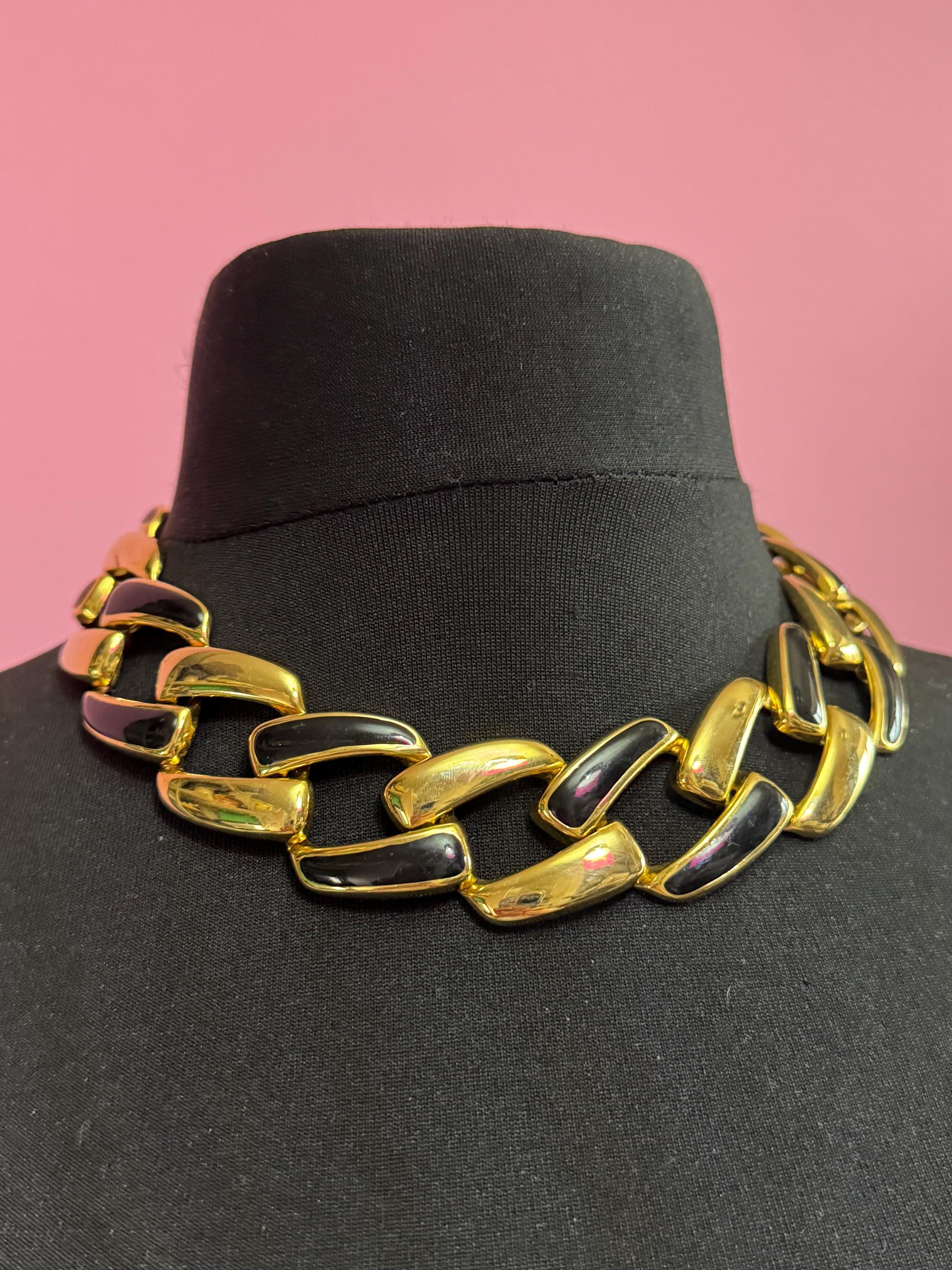 Retro gold tone and black enamel wide Chunky chain link necklace 47cm