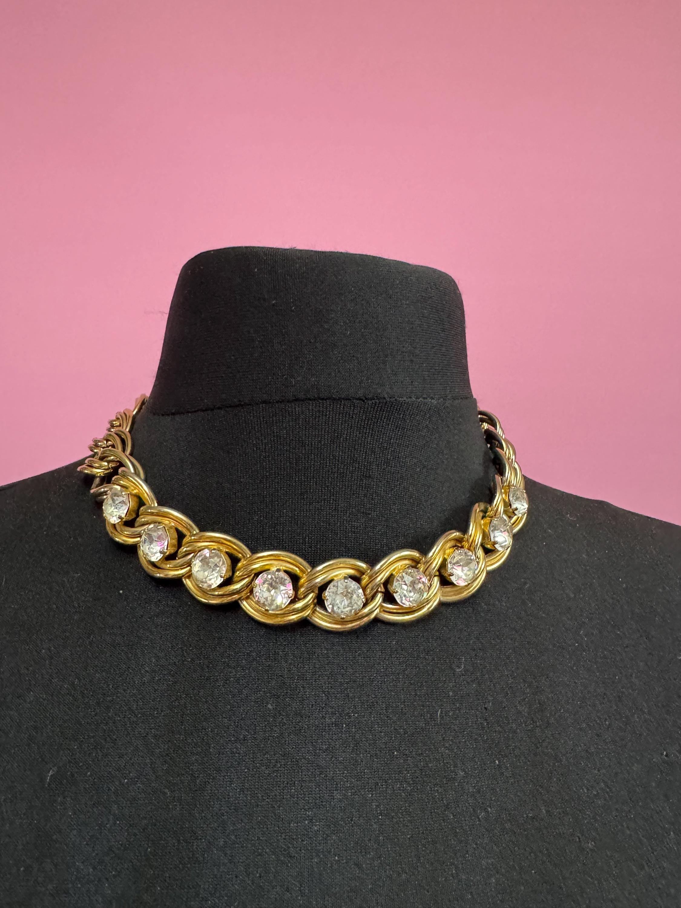 Vintage Gold tone modernist heavy curb chain link gold necklace with clear paste diamanté 46cm