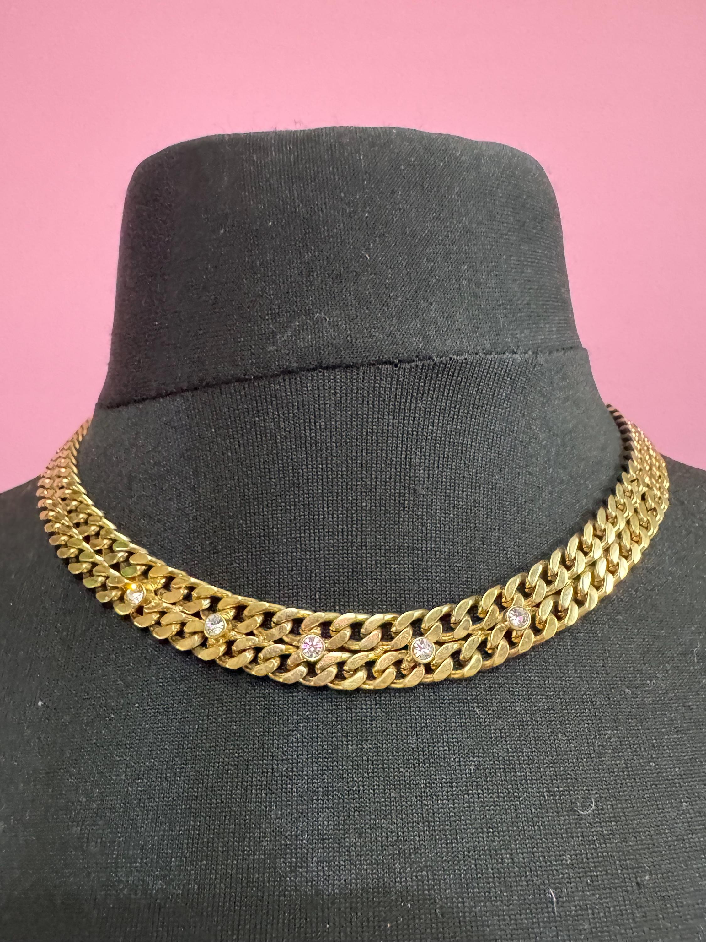 Vintage Gold tone modernist flat curb chain link gold necklace with clear paste diamanté 45cm