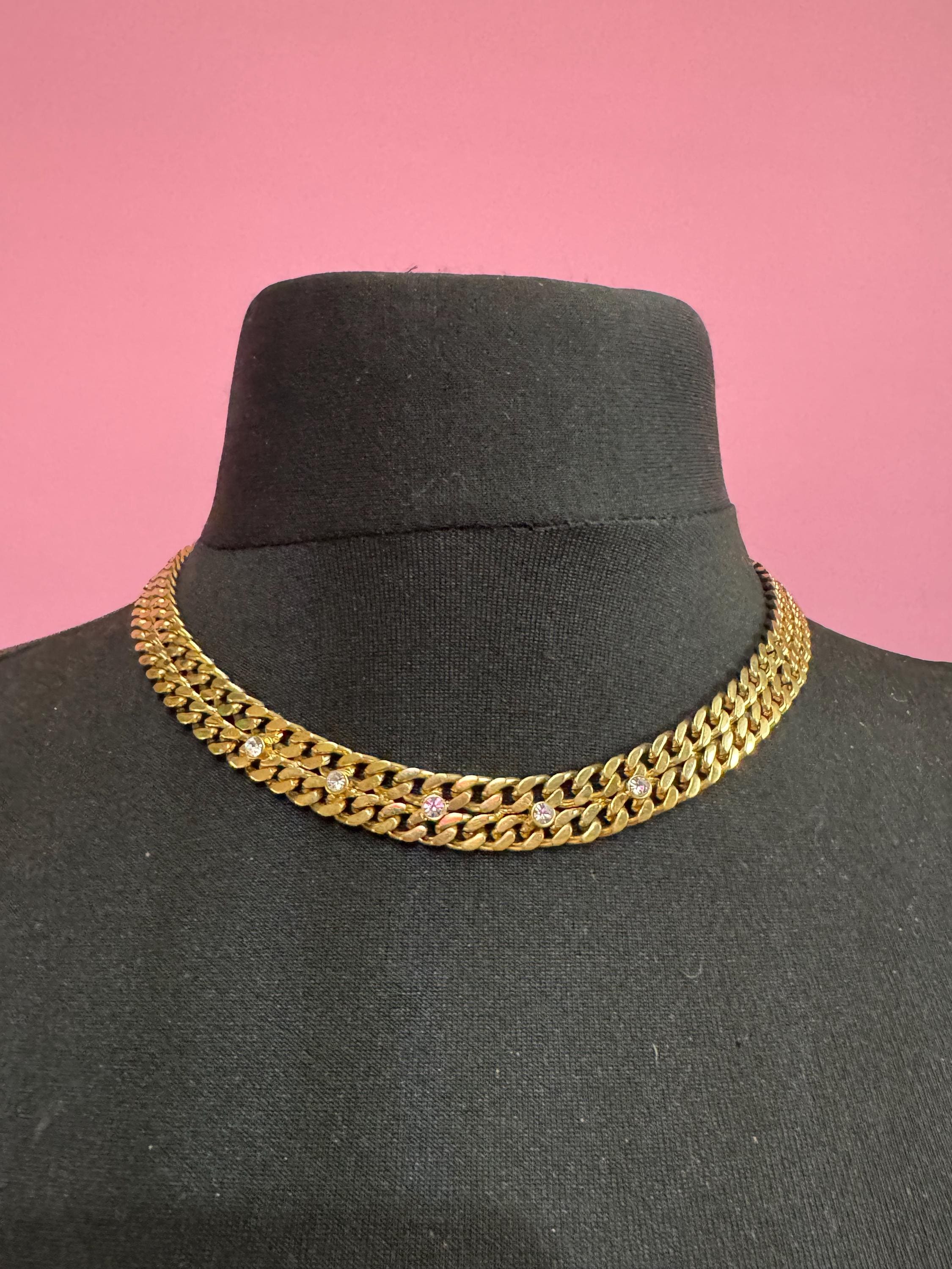 Vintage Gold tone modernist flat curb chain link gold necklace with clear paste diamanté 45cm