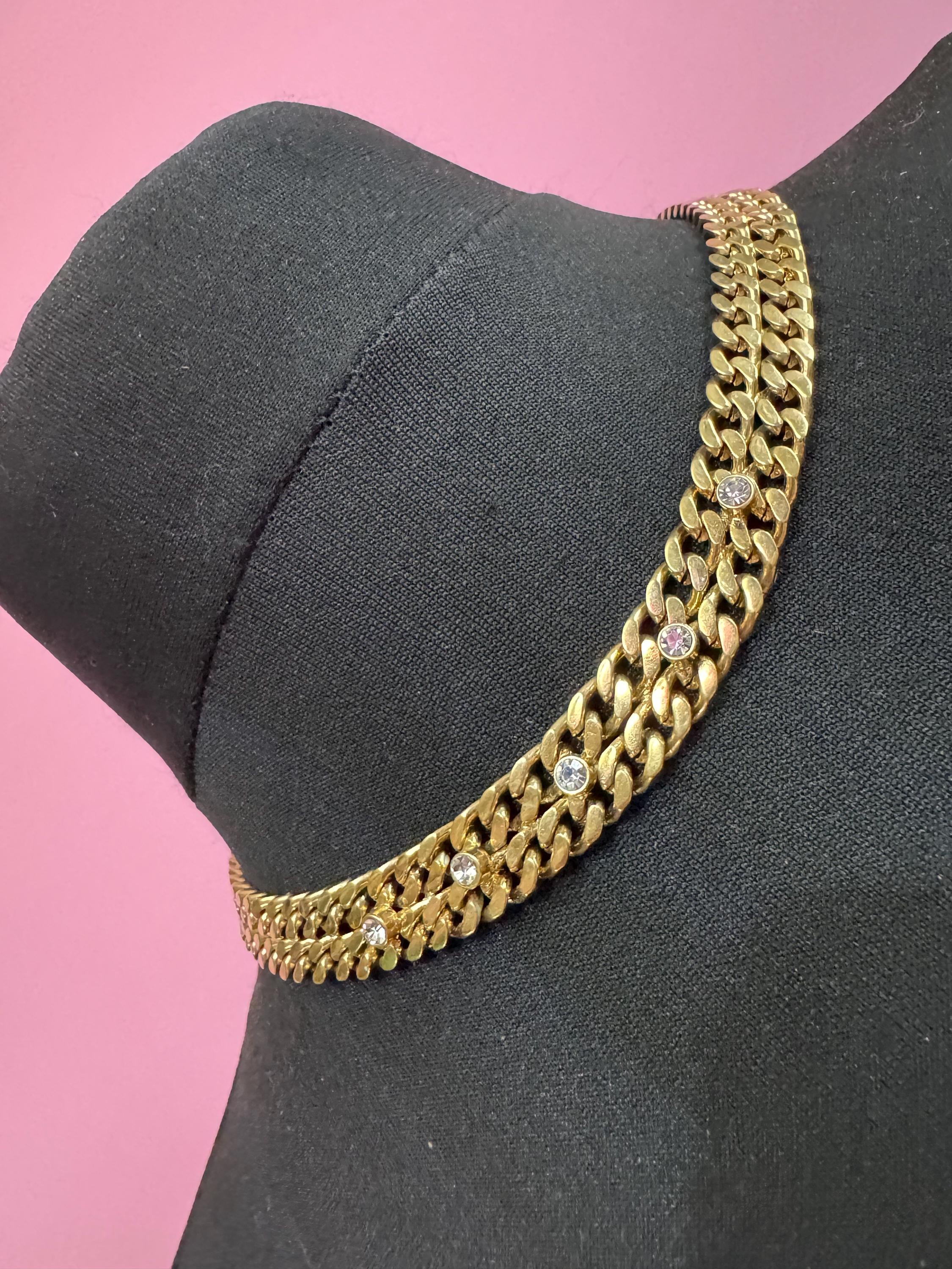 Vintage Gold tone modernist flat curb chain link gold necklace with clear paste diamanté 45cm