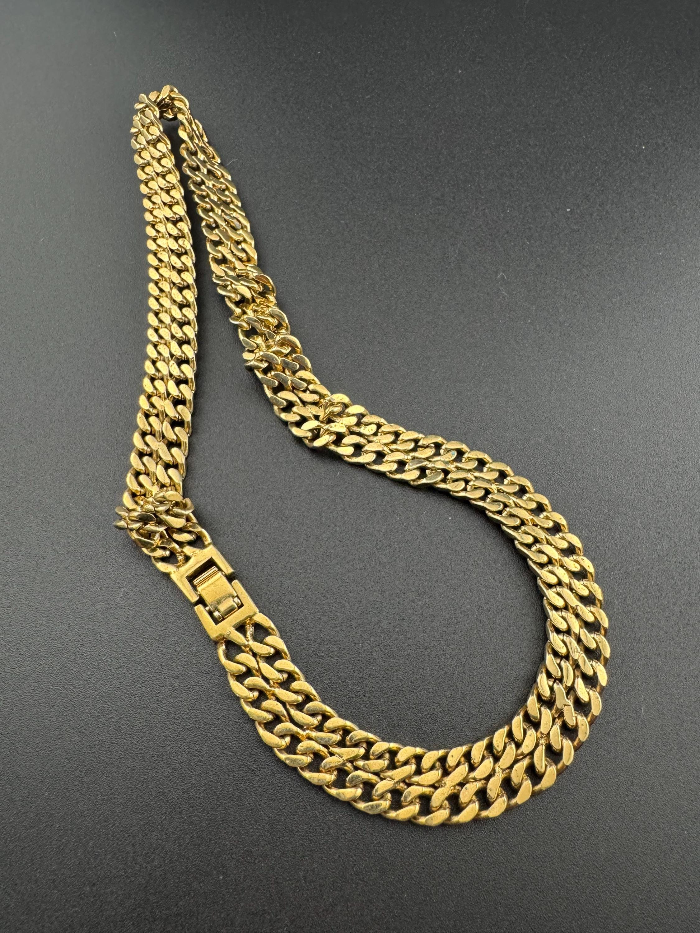 Vintage Gold tone modernist flat curb chain link gold necklace with clear paste diamanté 45cm