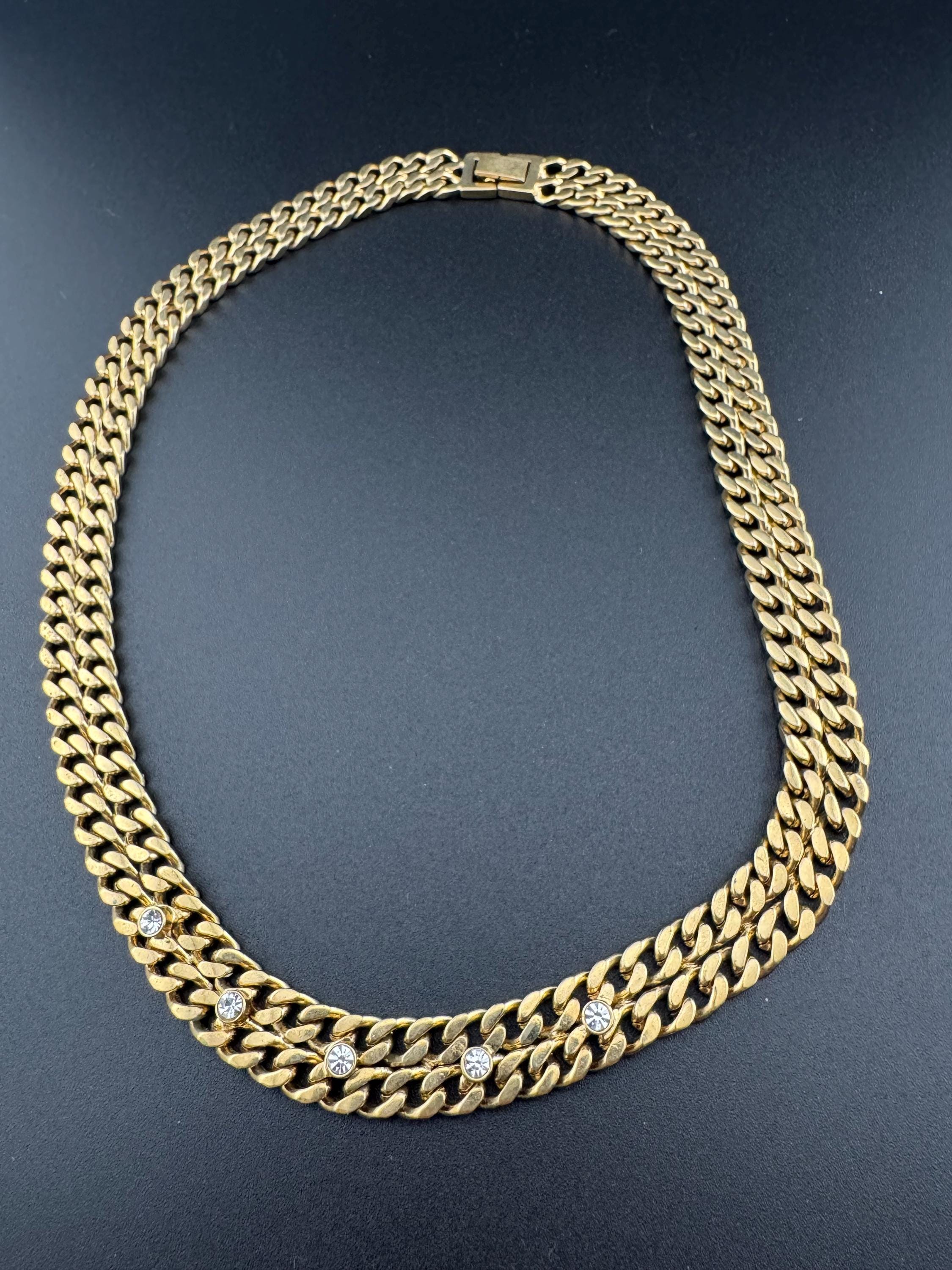 Vintage Gold tone modernist flat curb chain link gold necklace with clear paste diamanté 45cm