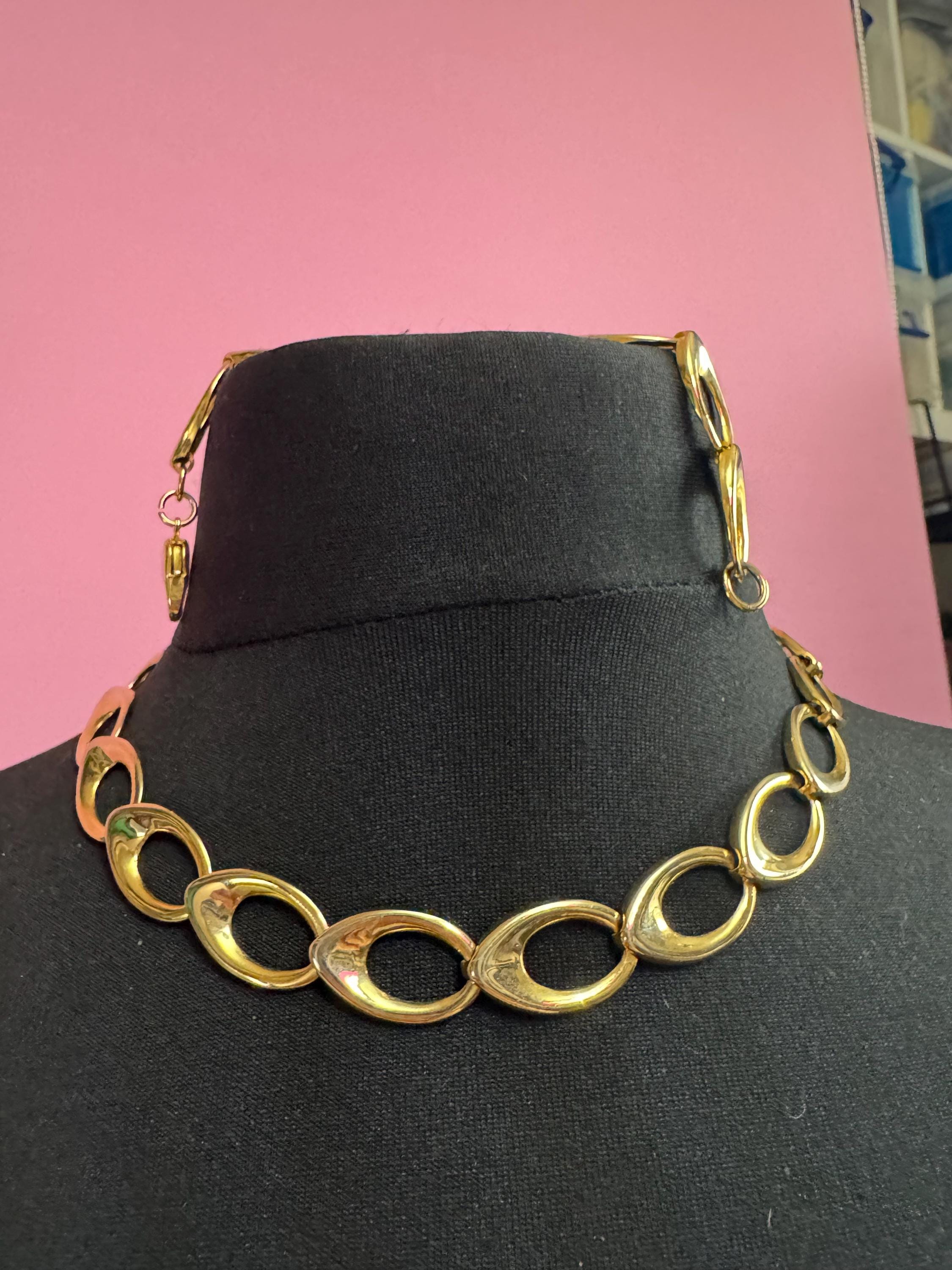 vintage gold tone chunky wide chain link necklace and bracelet jewellery set