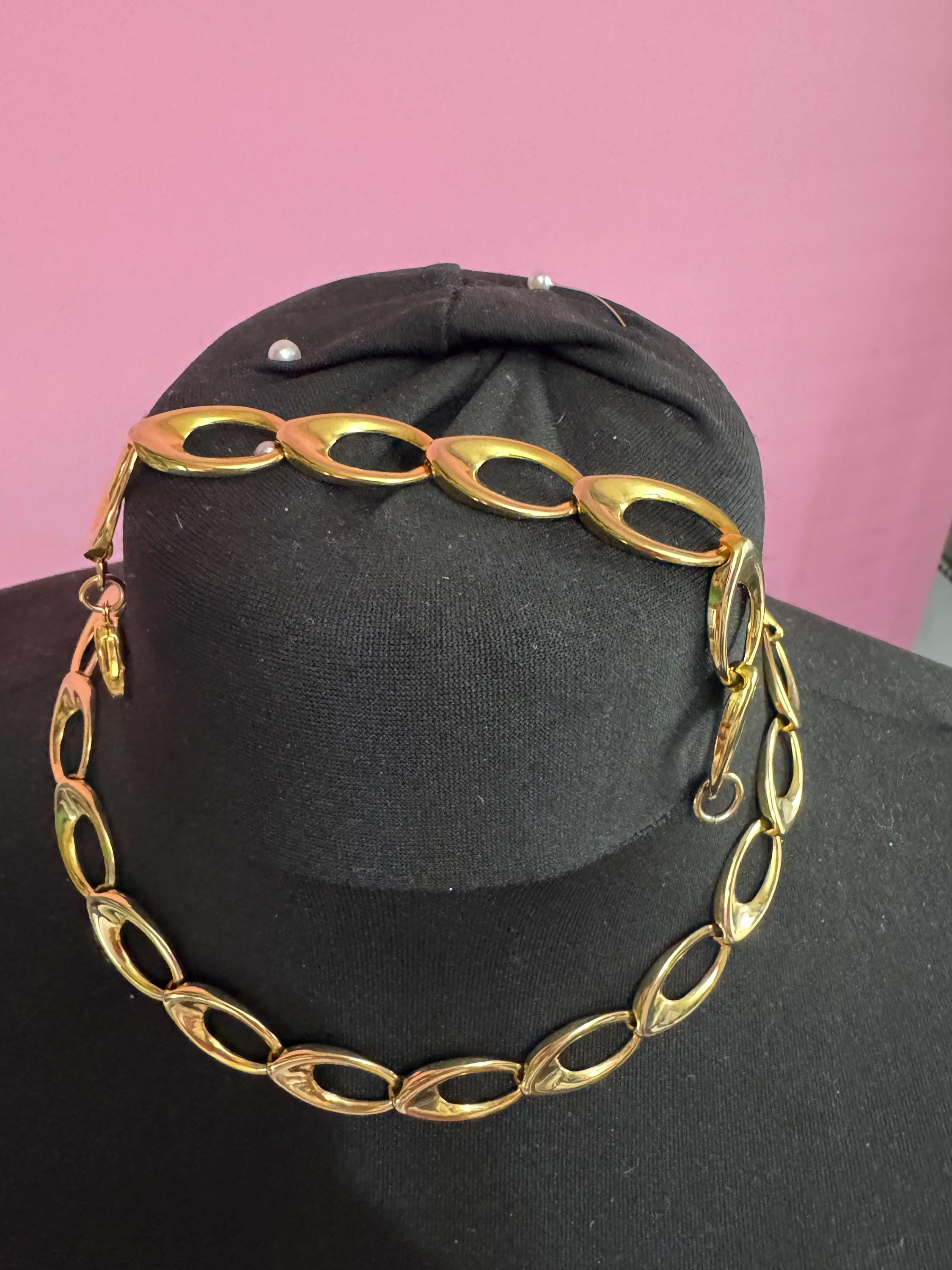 vintage gold tone chunky wide chain link necklace and bracelet jewellery set