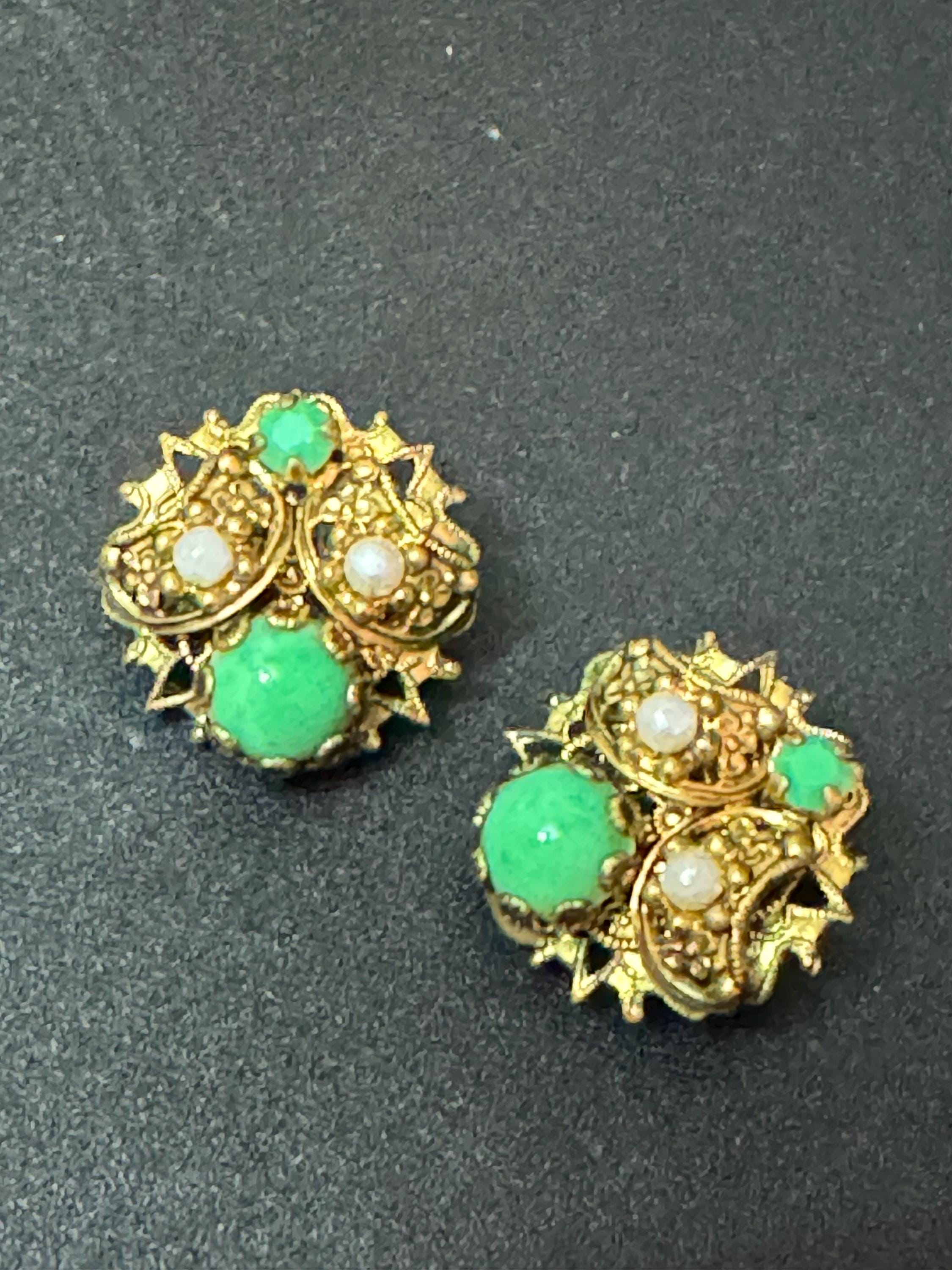 Czech Brass Filigree Green Glass faux seed pearl set clip on stud earrings Max Neiger Style Vintage