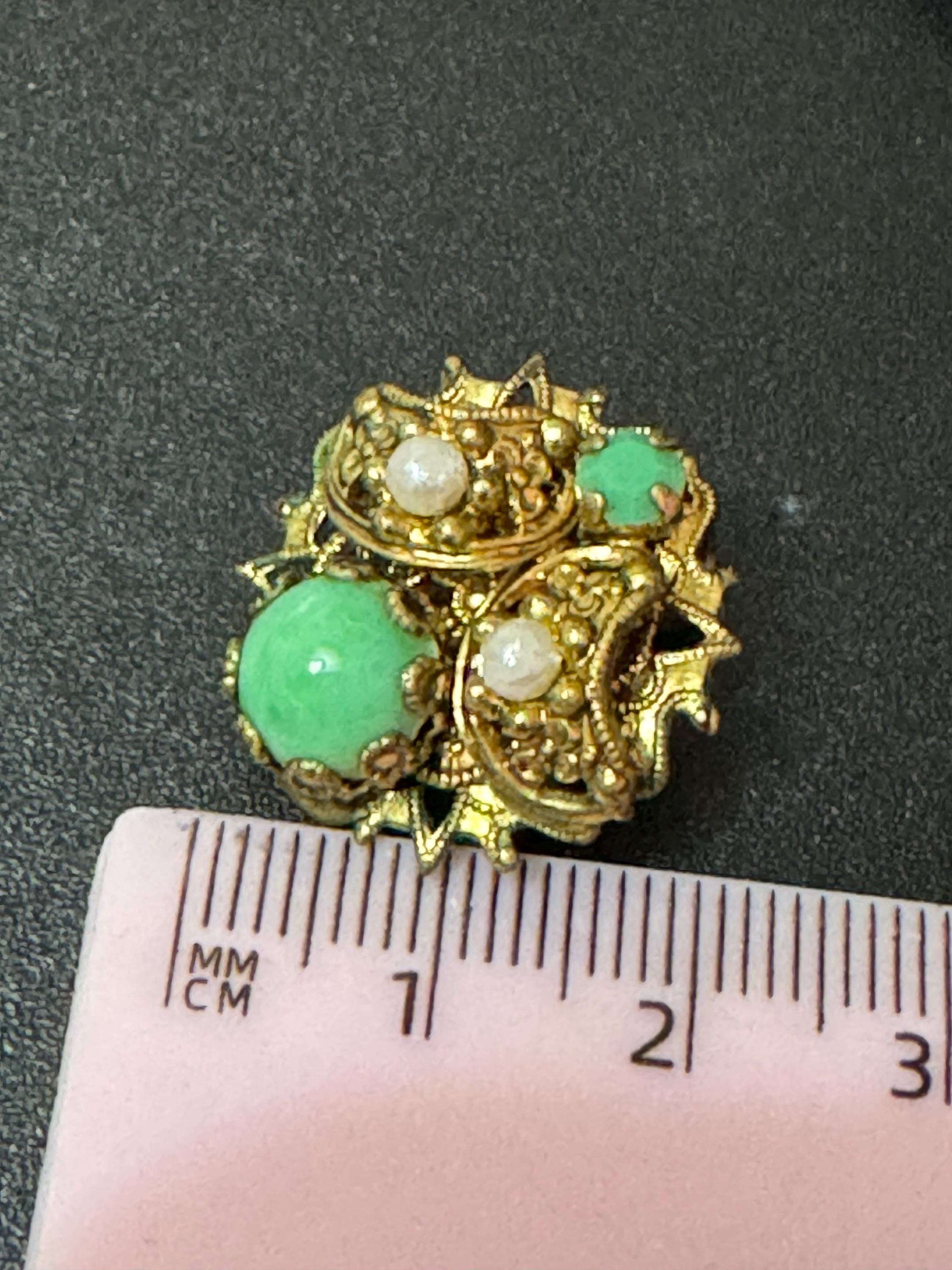 Czech Brass Filigree Green Glass faux seed pearl set clip on stud earrings Max Neiger Style Vintage