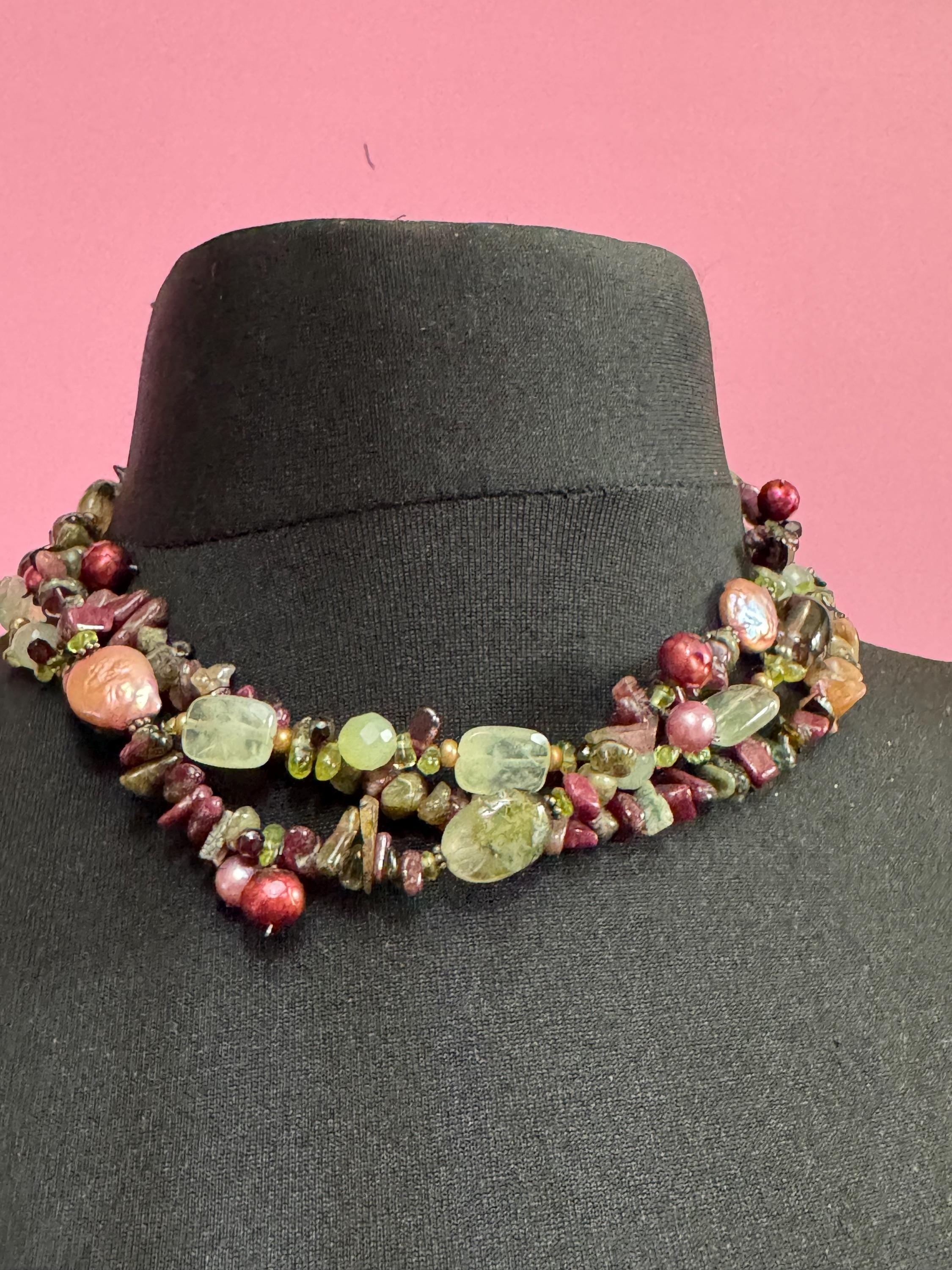 Signed PIA boxed Vintage beaded natural gemstone Multistrand collar necklace made with polished stones brown green tones