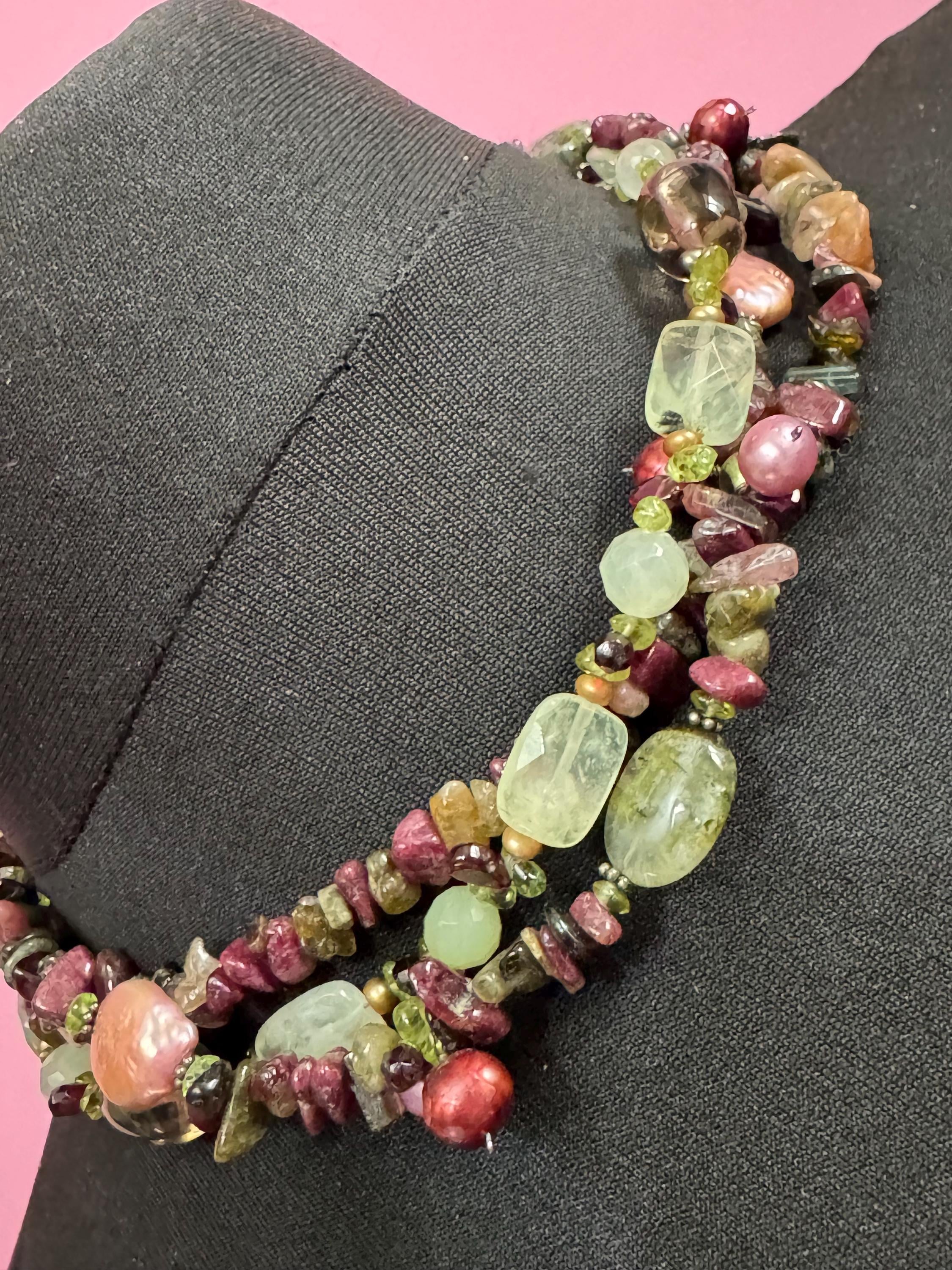 Signed PIA boxed Vintage beaded natural gemstone Multistrand collar necklace made with polished stones brown green tones