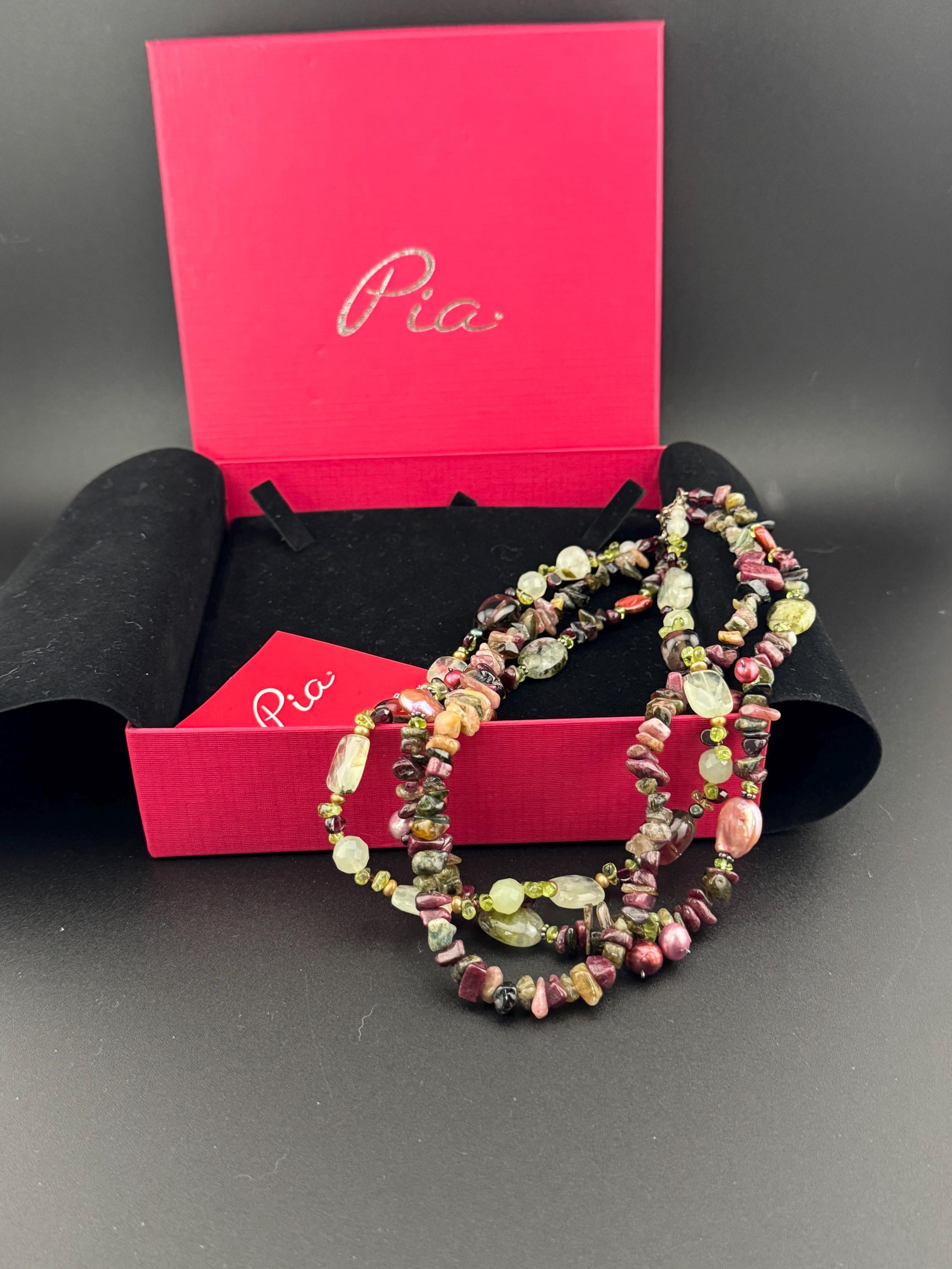 Signed PIA boxed Vintage beaded natural gemstone Multistrand collar necklace made with polished stones brown green tones