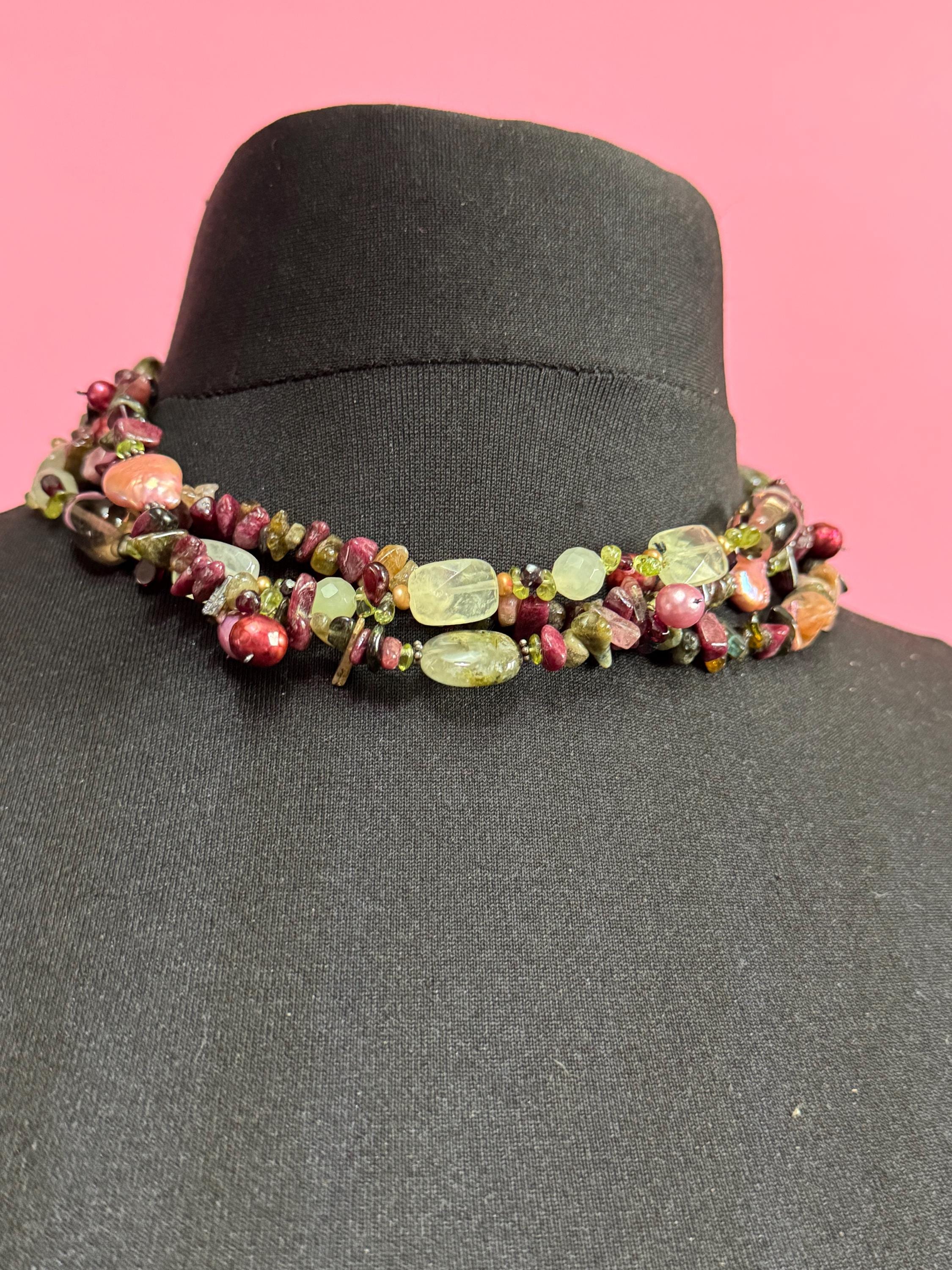 Signed PIA boxed Vintage beaded natural gemstone Multistrand collar necklace made with polished stones brown green tones