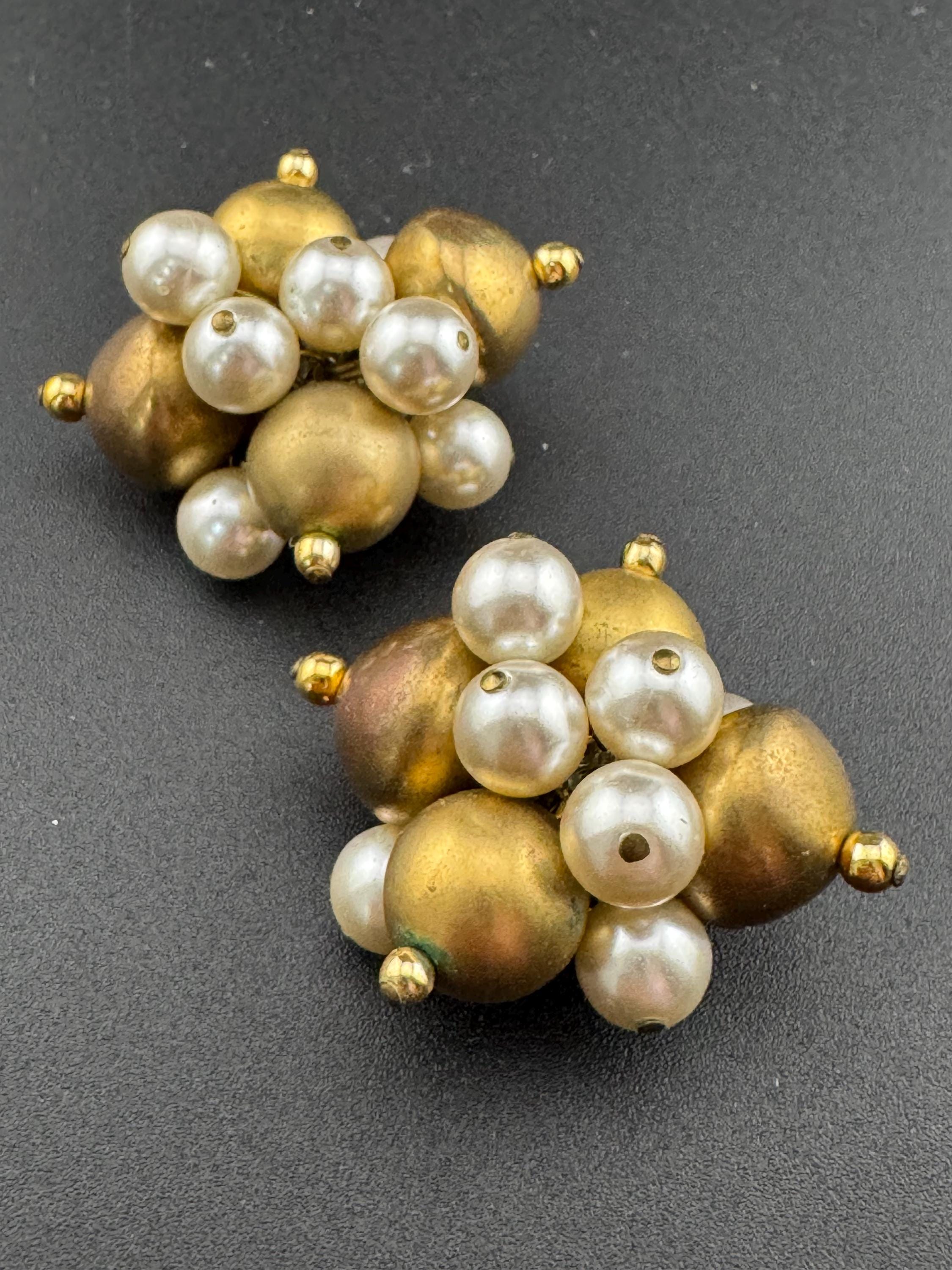 oversized 3cm round Vintage cluster faux Pearl gold beaded Clip on Statement Earrings