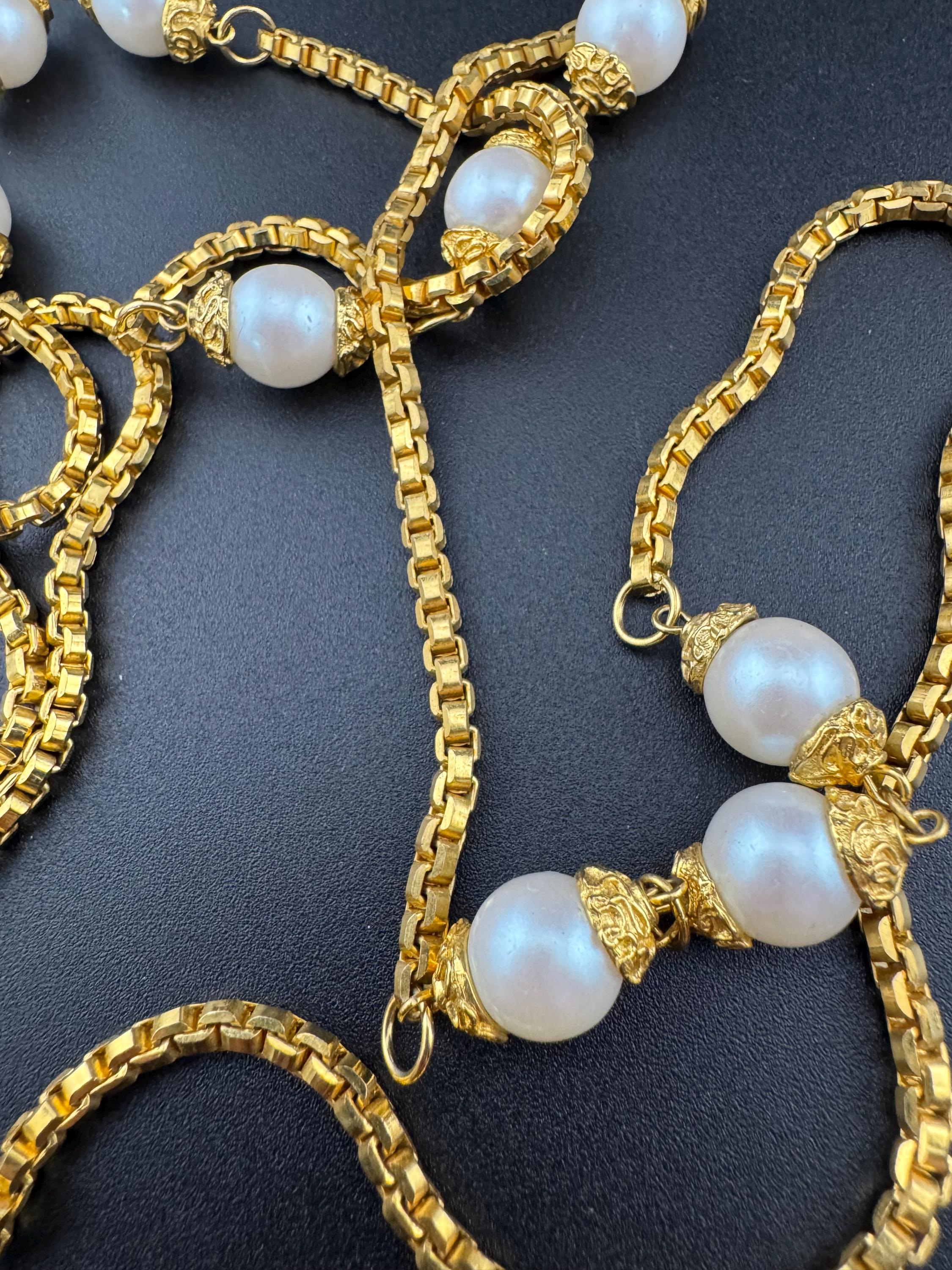 faux white pearl chunky beaded station box chain link long necklace Vintage gold tone