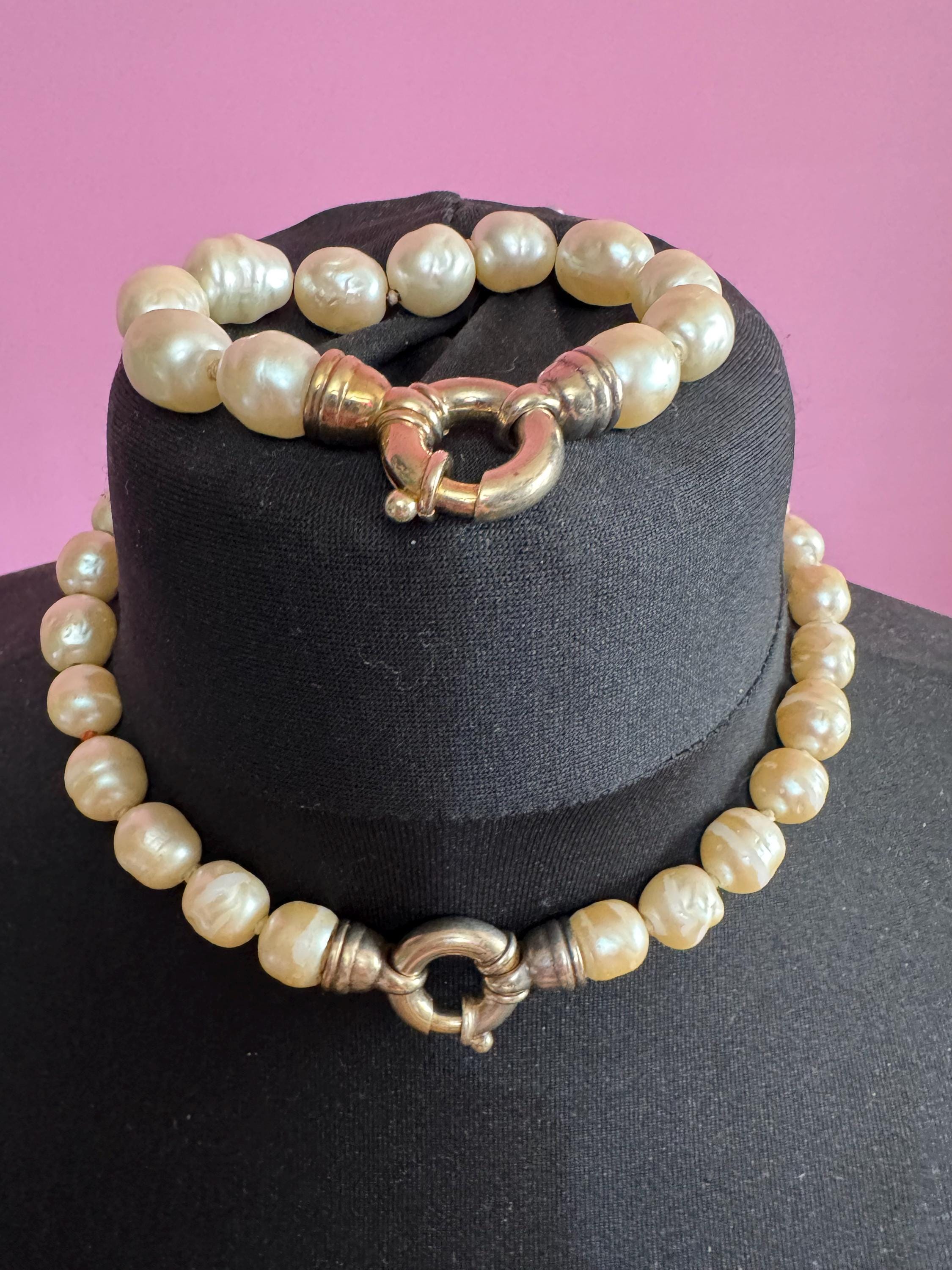 Retro y2k oversized faux glass cream pearl beaded necklace and matching bracelet jewellery set big spring ring