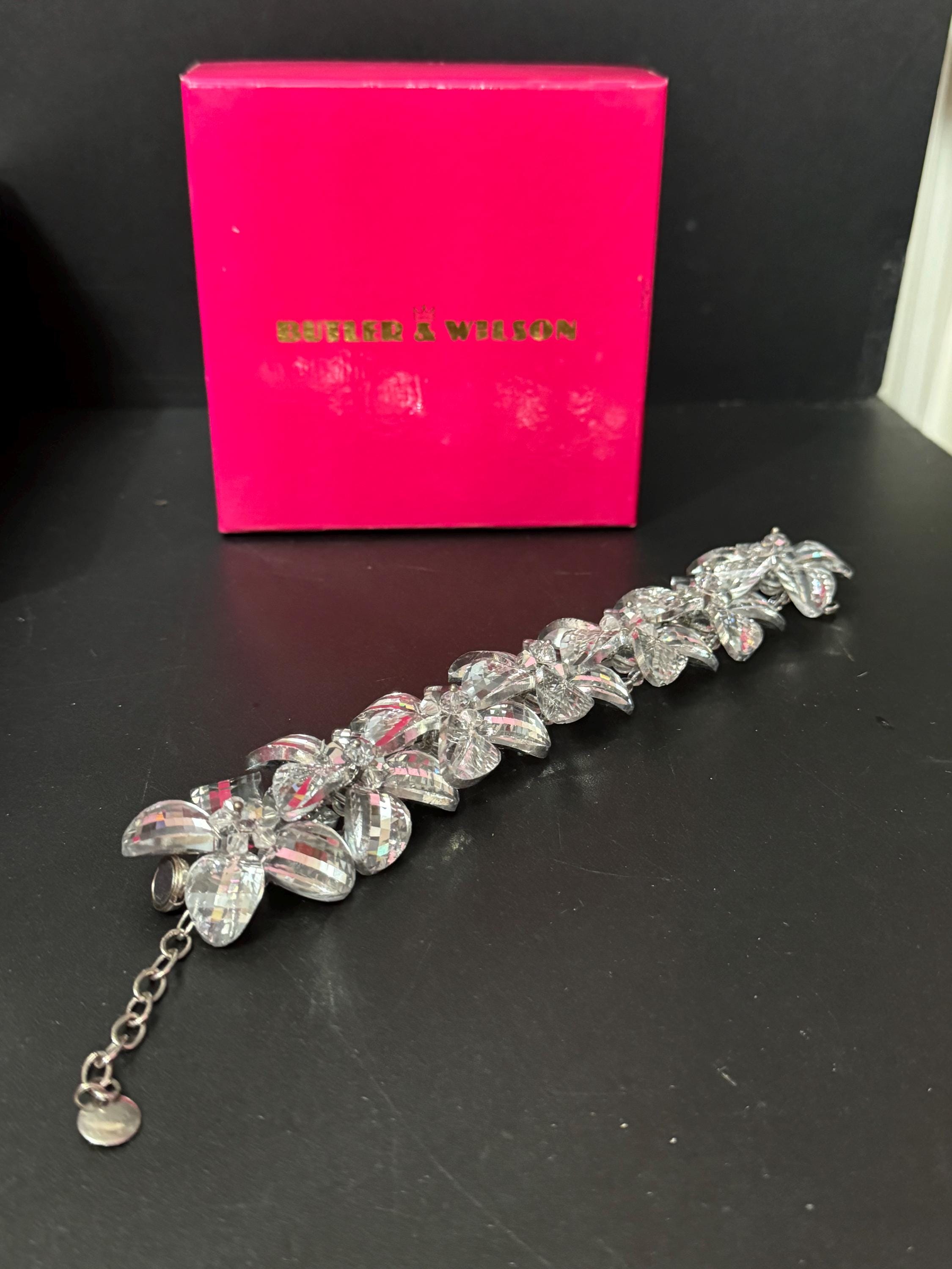 Butler and Wilson oversized Crystal diamanté floral beaded bracelet silver tone