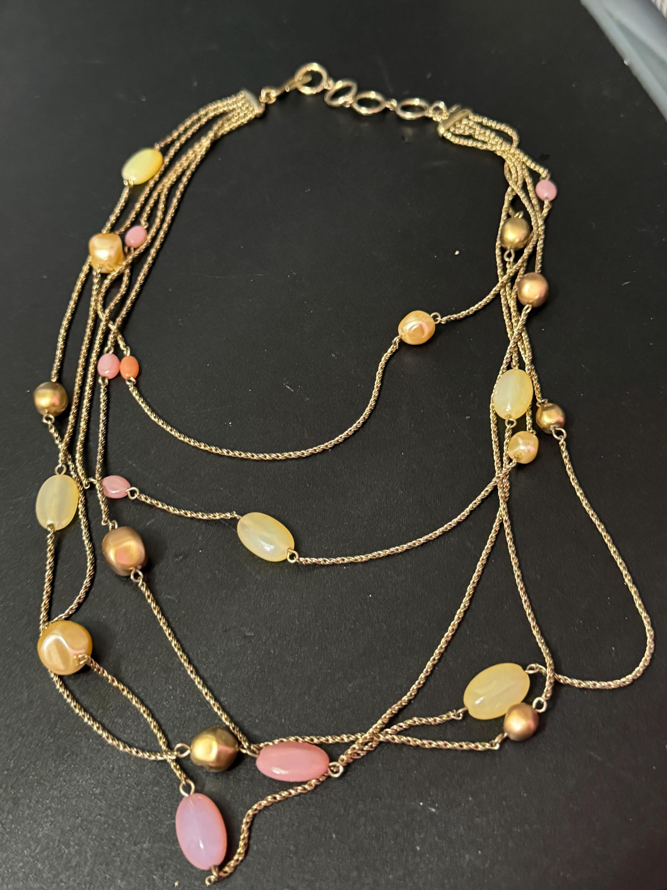 MONET Vintage gold tone rope chain pink yellow beaded statement high end 5 row Multistrand necklace signed