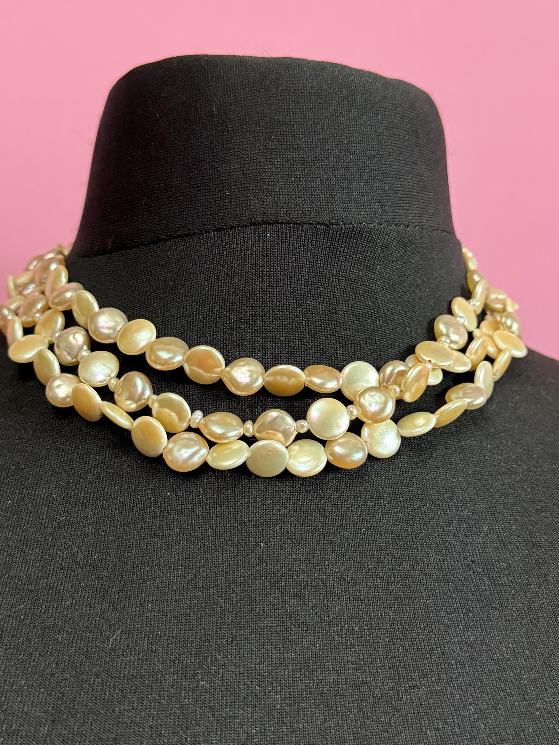 Signed MONET wide Multistrand faux pearl beaded choker necklace, silver tone, 45cm long