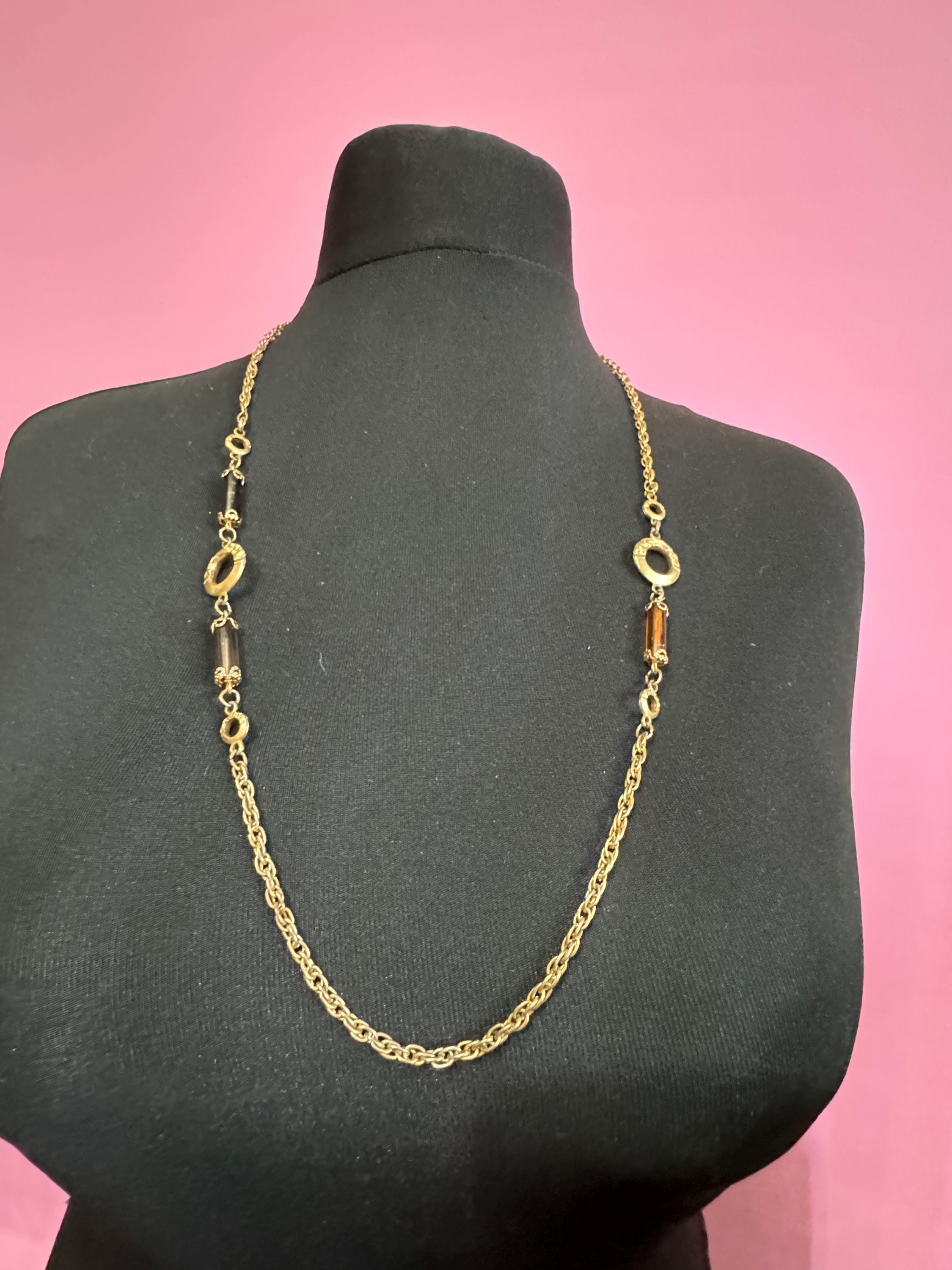 Vintage Sarah Coventry signed long gold tone station brown tube bead chain necklace 1960s 1970s