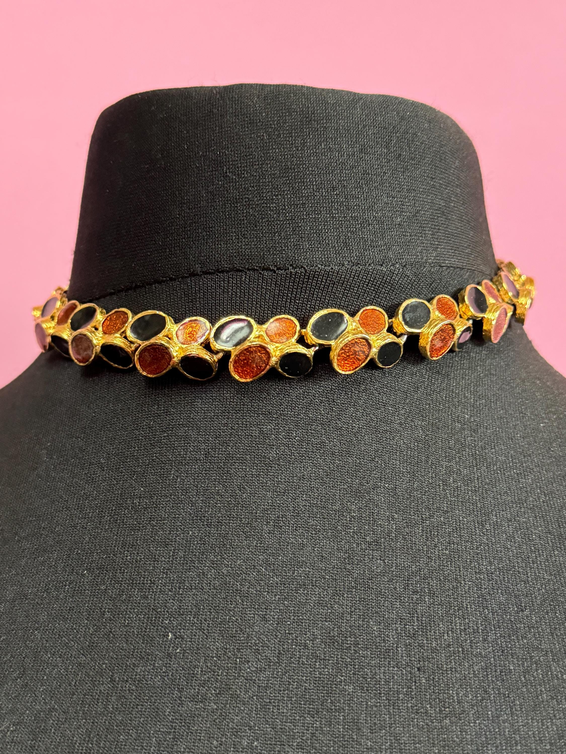 Signed ORENA Paris designer Vintage gold tone rust orange and black enamel chain link panel link collar choker necklace