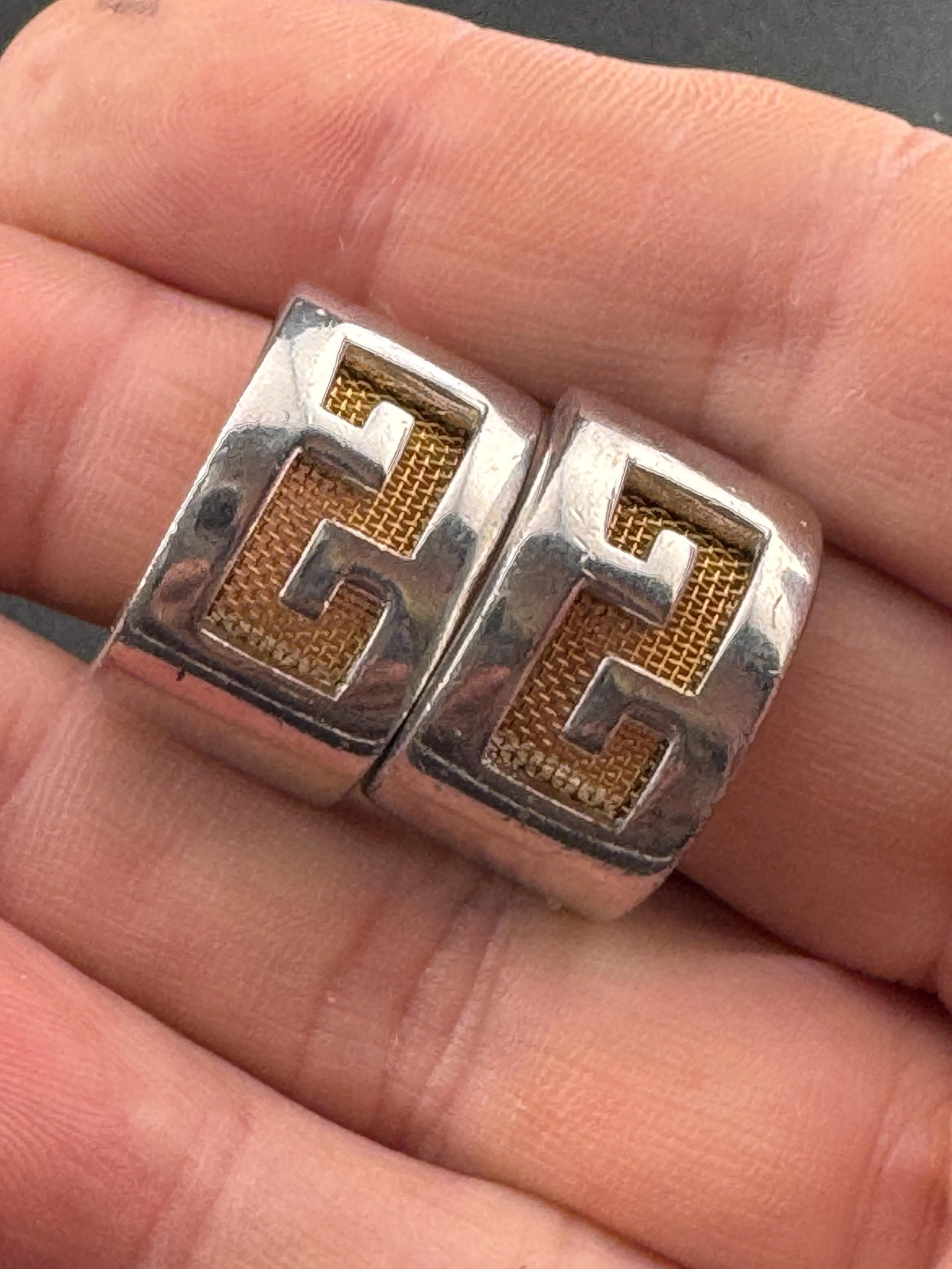 Designer Signed Givenchy New York half hoop gold mesh silver earrings clip on