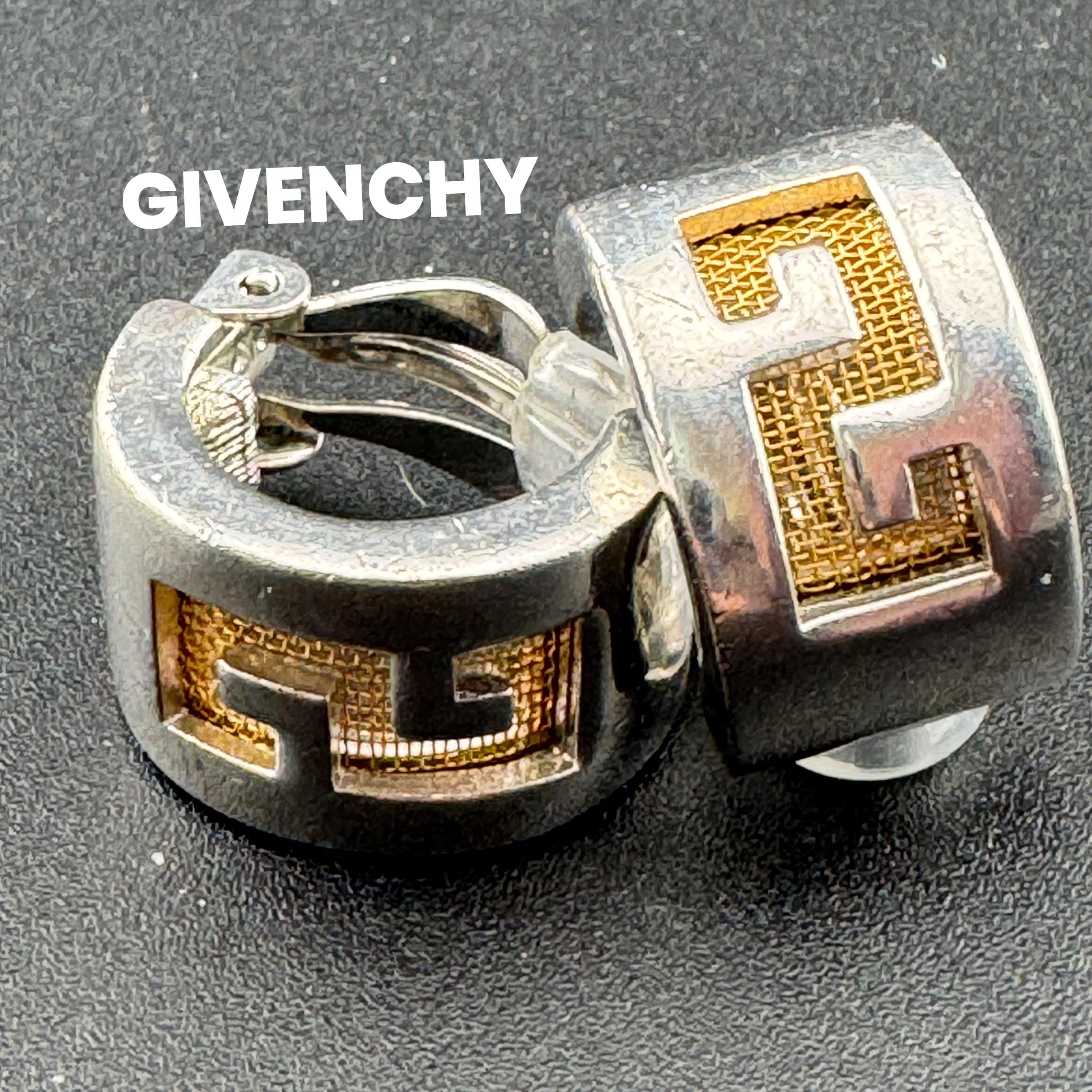 Designer Signed Givenchy New York half hoop gold mesh silver earrings clip on