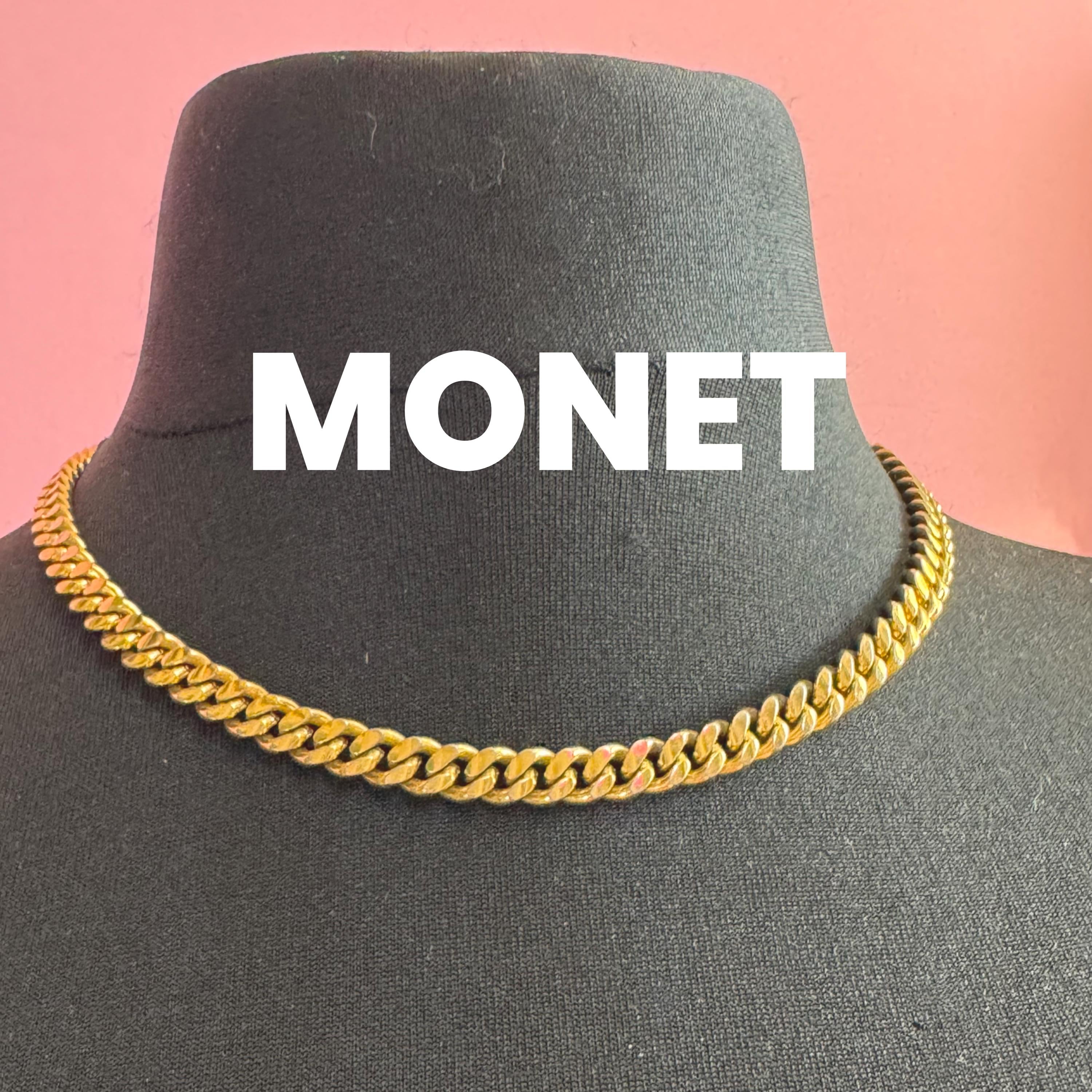 Signed MONET high end vintage gold tone chunky flat curb chain necklace 46cm