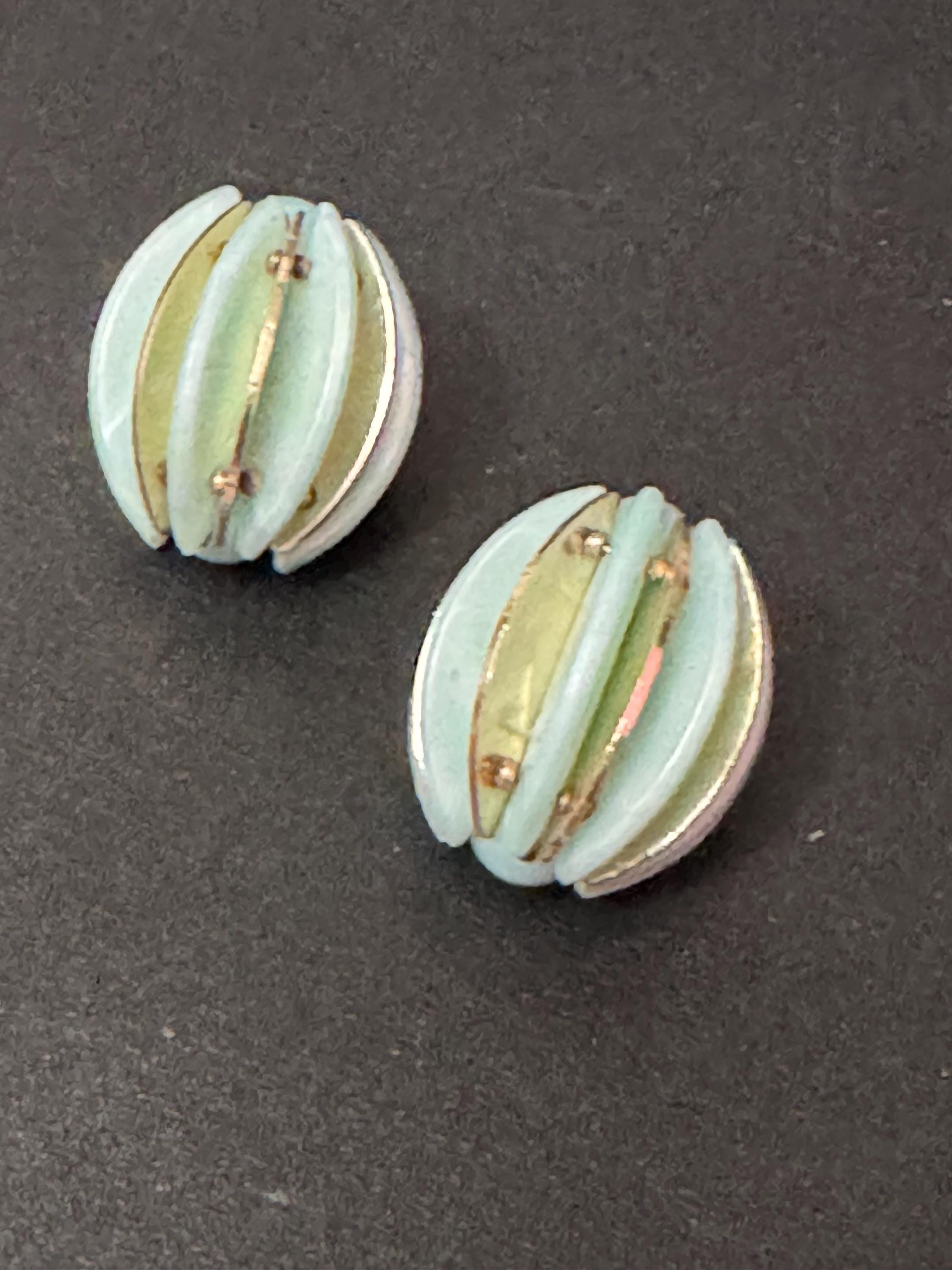 Vintage turquoise blue and gold watermelon shaped  plastic button Clip On Earrings