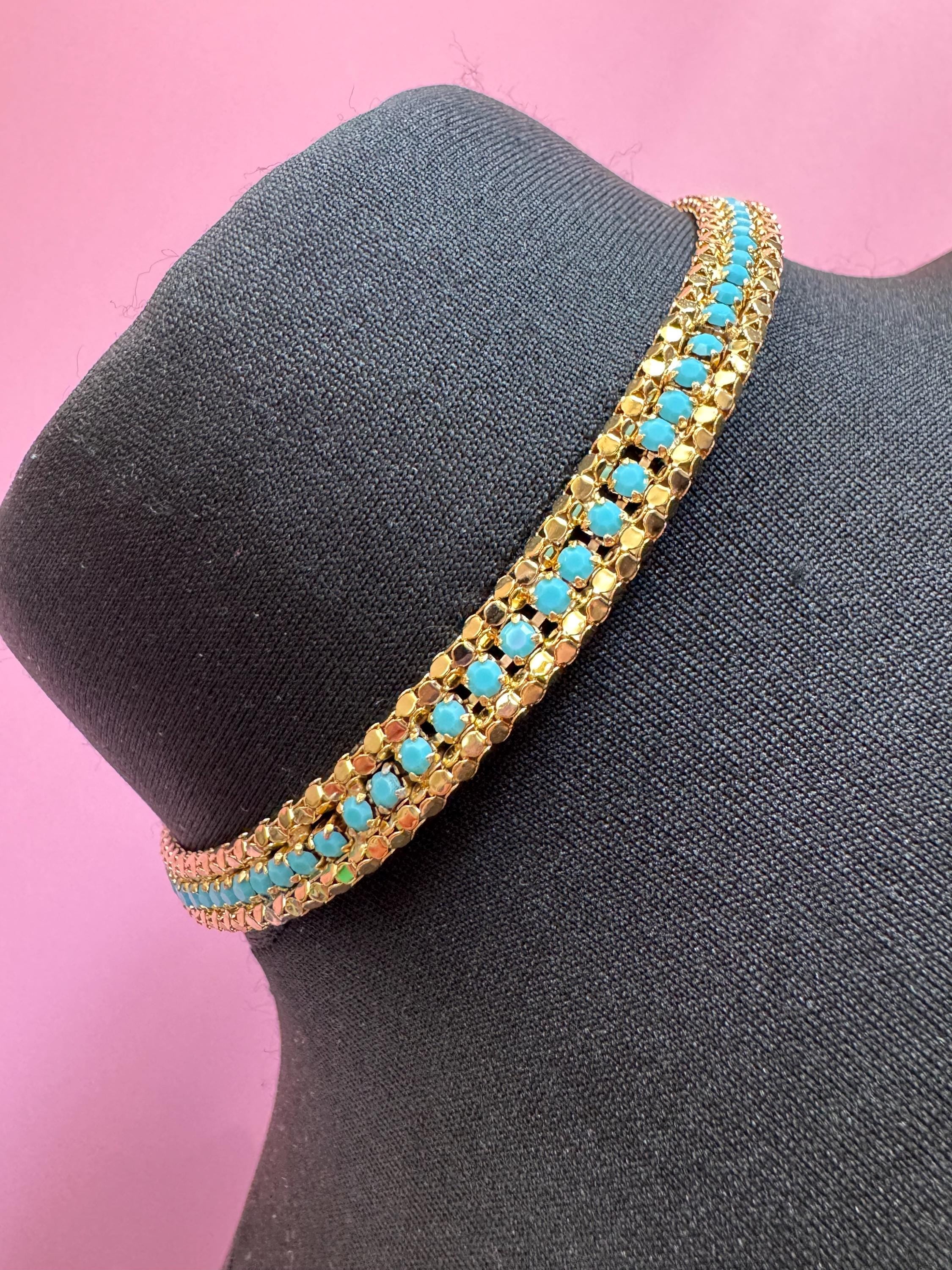 Petite 38.5cm Vintage 1960s gold tone mesh chain choker necklace turquoise stones