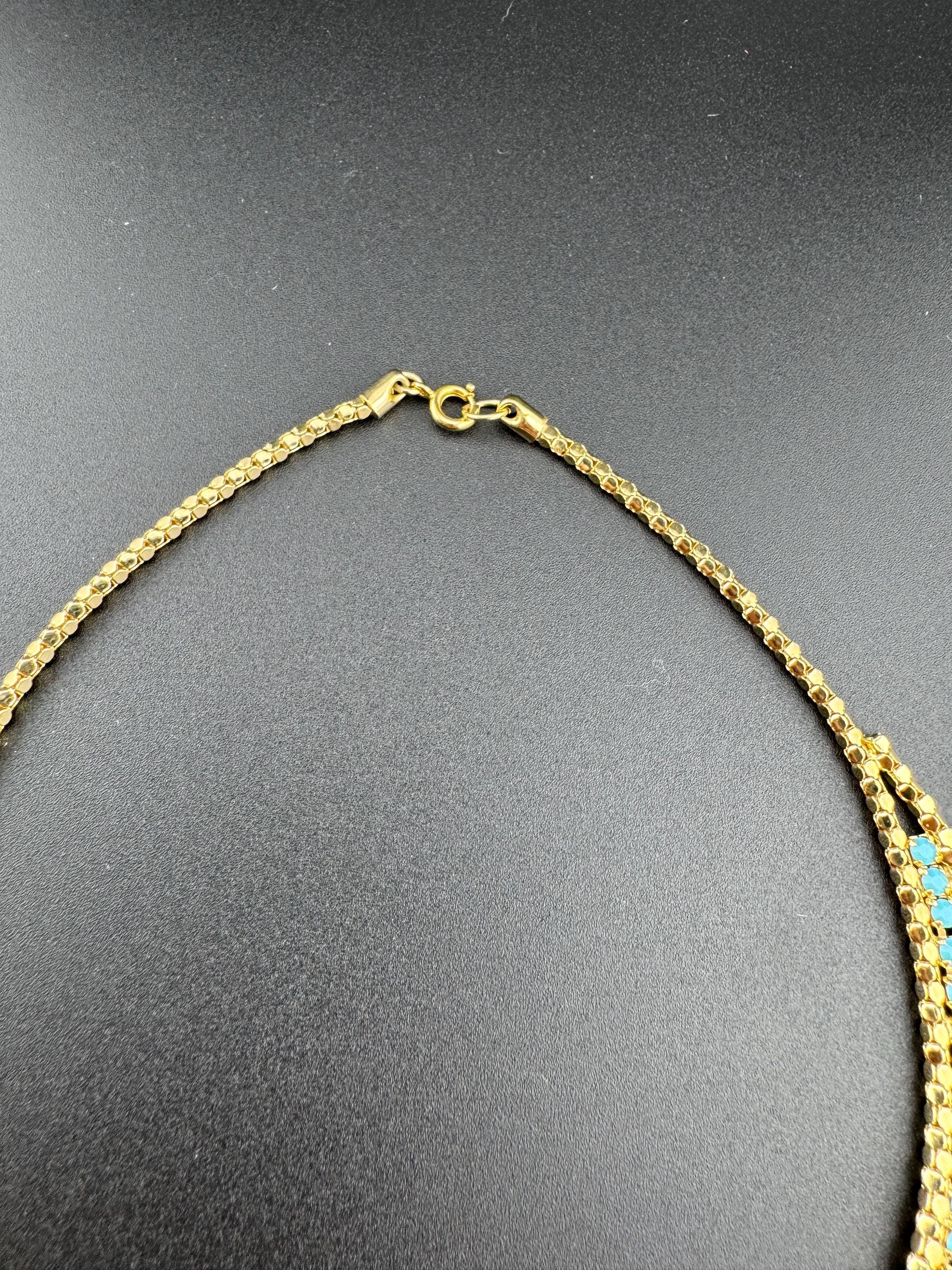 Petite 38.5cm Vintage 1960s gold tone mesh chain choker necklace turquoise stones