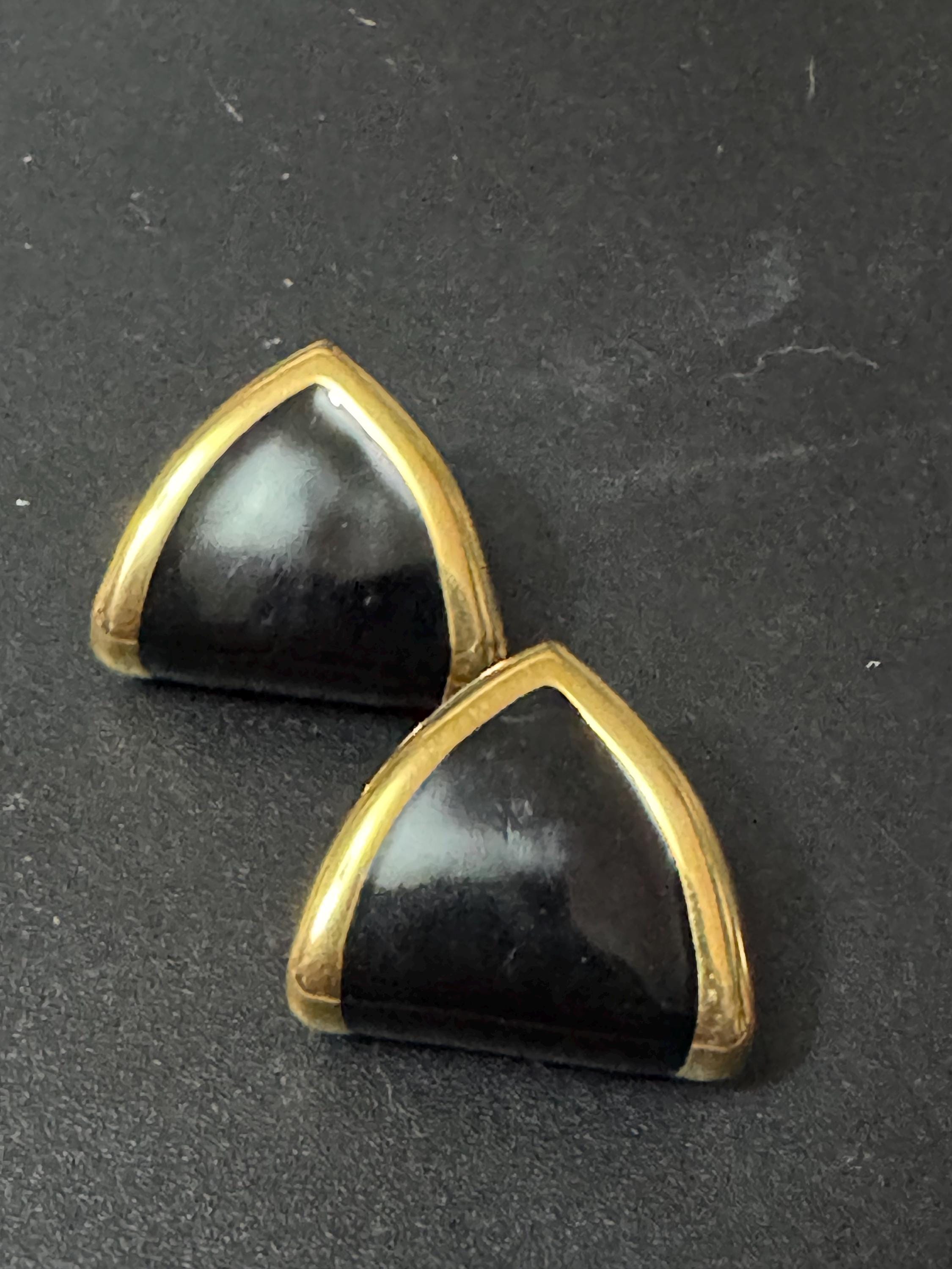 Black enamel pair stud earrings pierced Vintage Gold tone