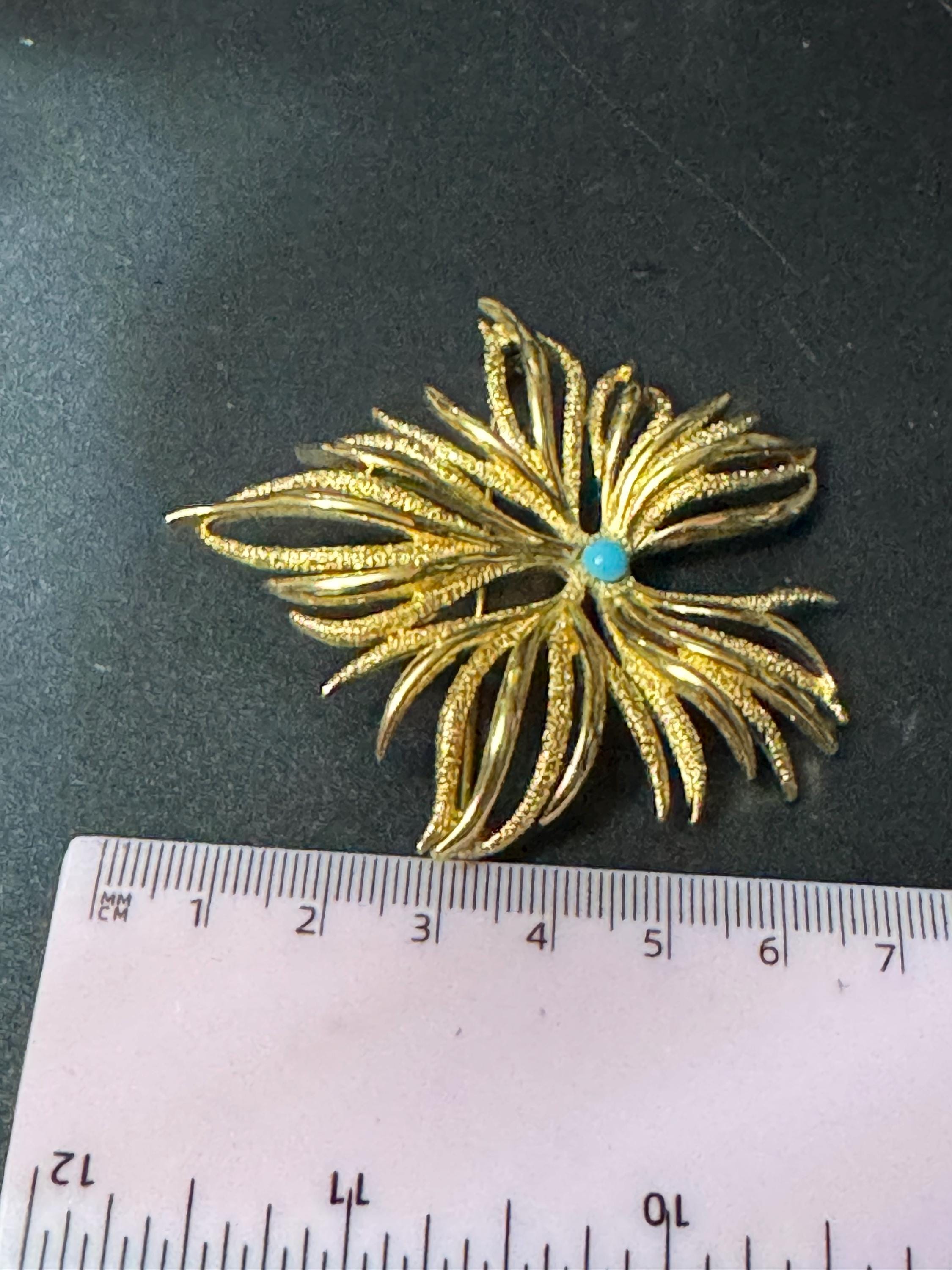 vintage modernist gold tone turquoise bead cabochon abstract floral brooch