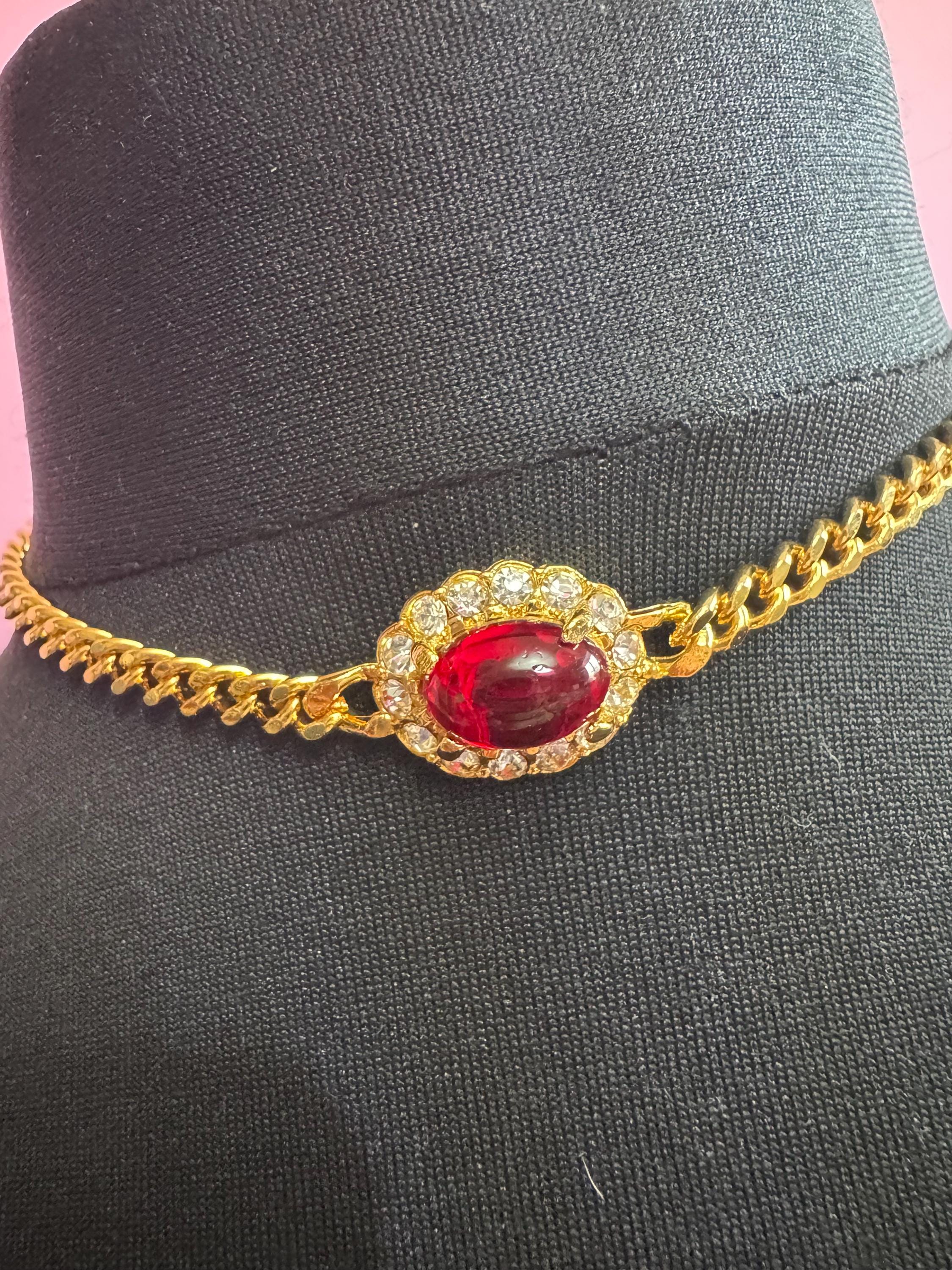 40.5cm Vintage 1980s Swarovski Ruby Red Oval cabochon and clear diamanté choker necklace gold tone high end old shop stock