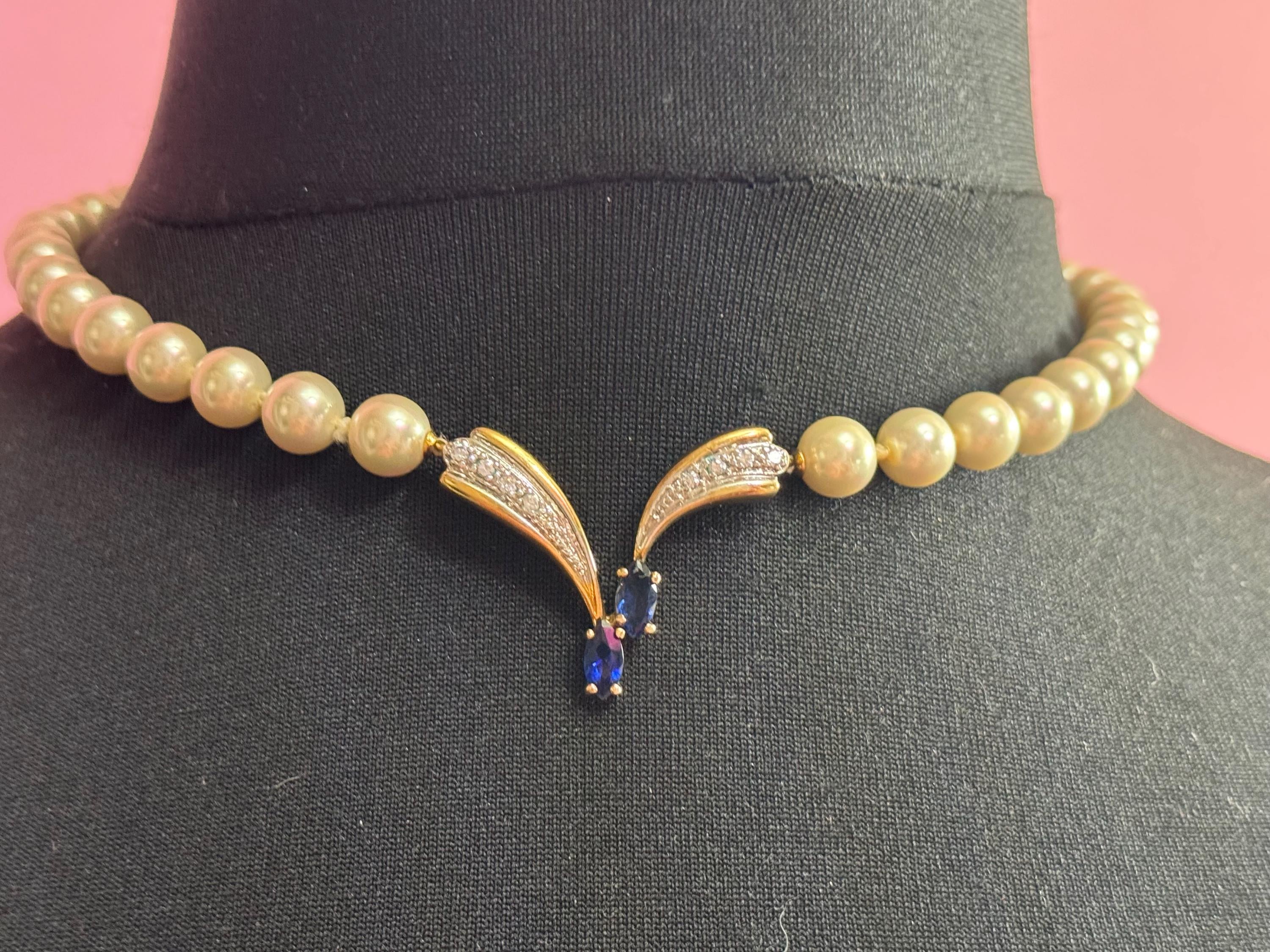 925 silver gilt vintage glass pearl pendant necklace with central diamanté blue sapphire gold overlay