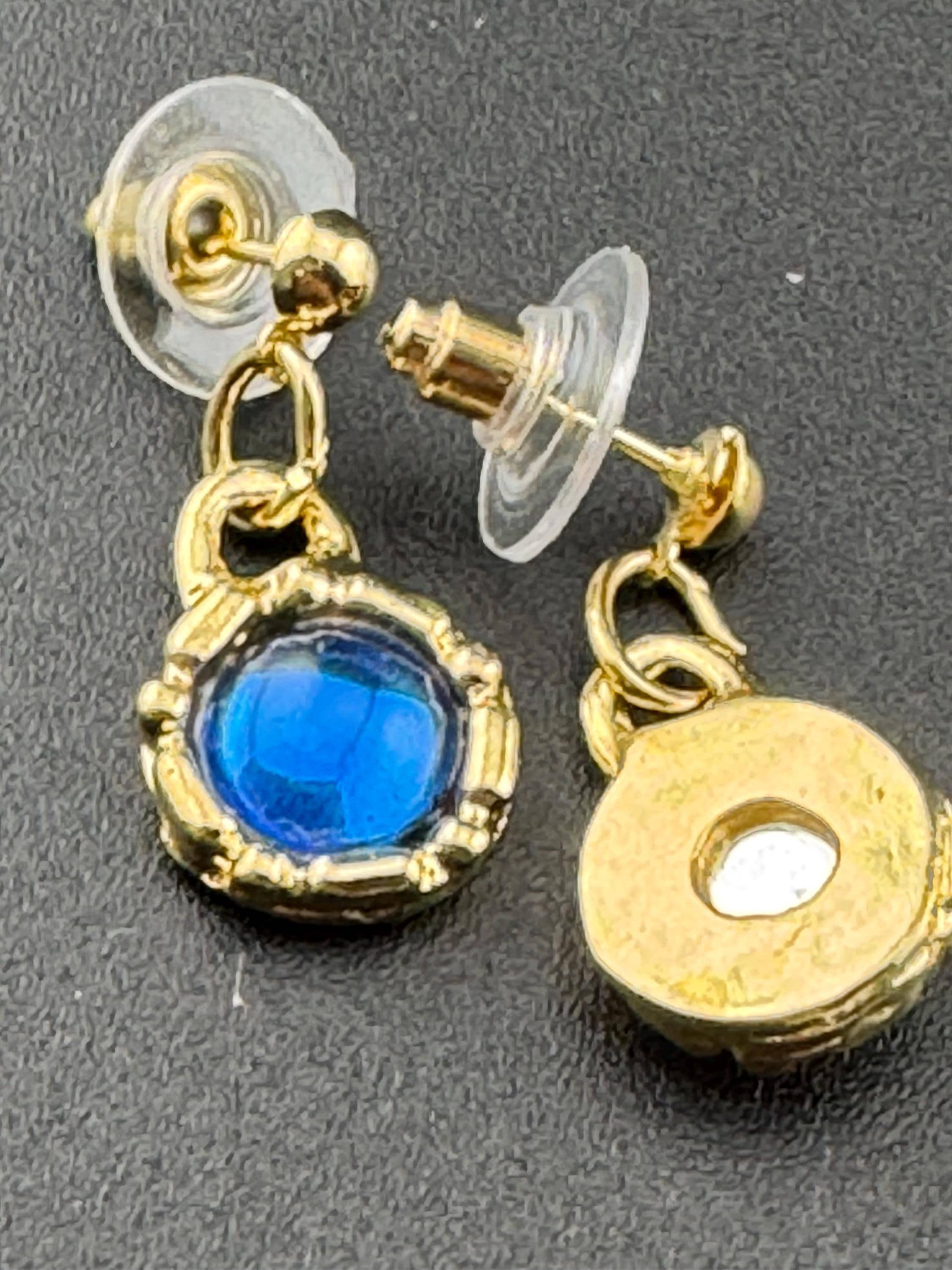 Vintage bright sapphire blue glass cabochon Etruscan style gold drop dangly earrings