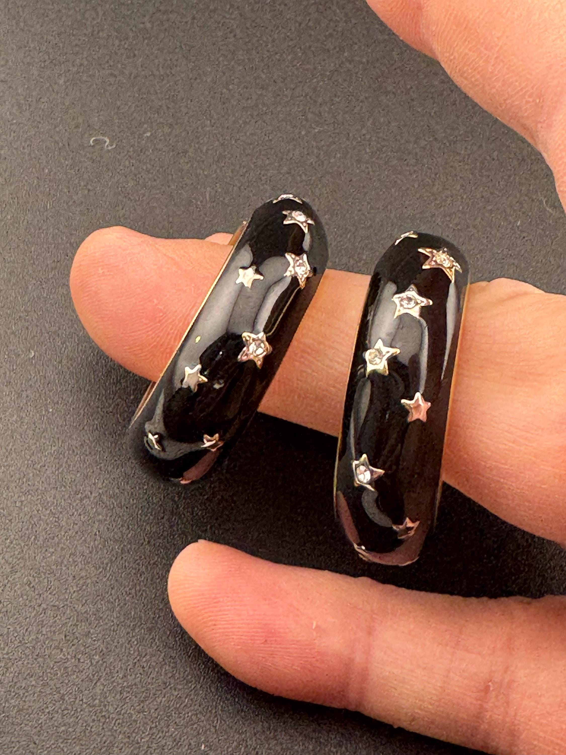 Y2K Black enamel stars with clear diamanté Clip On Earrings hoop studs earrings for pierced ears