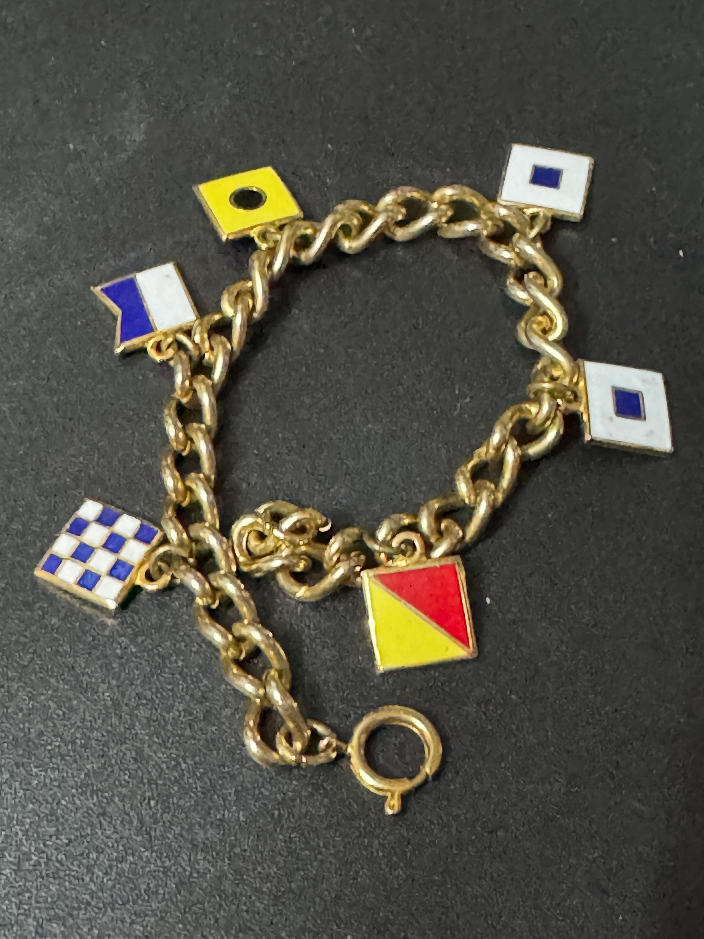 Vintage Gold tone metal enamel flags charms nautical charm bracelet red yellow blue