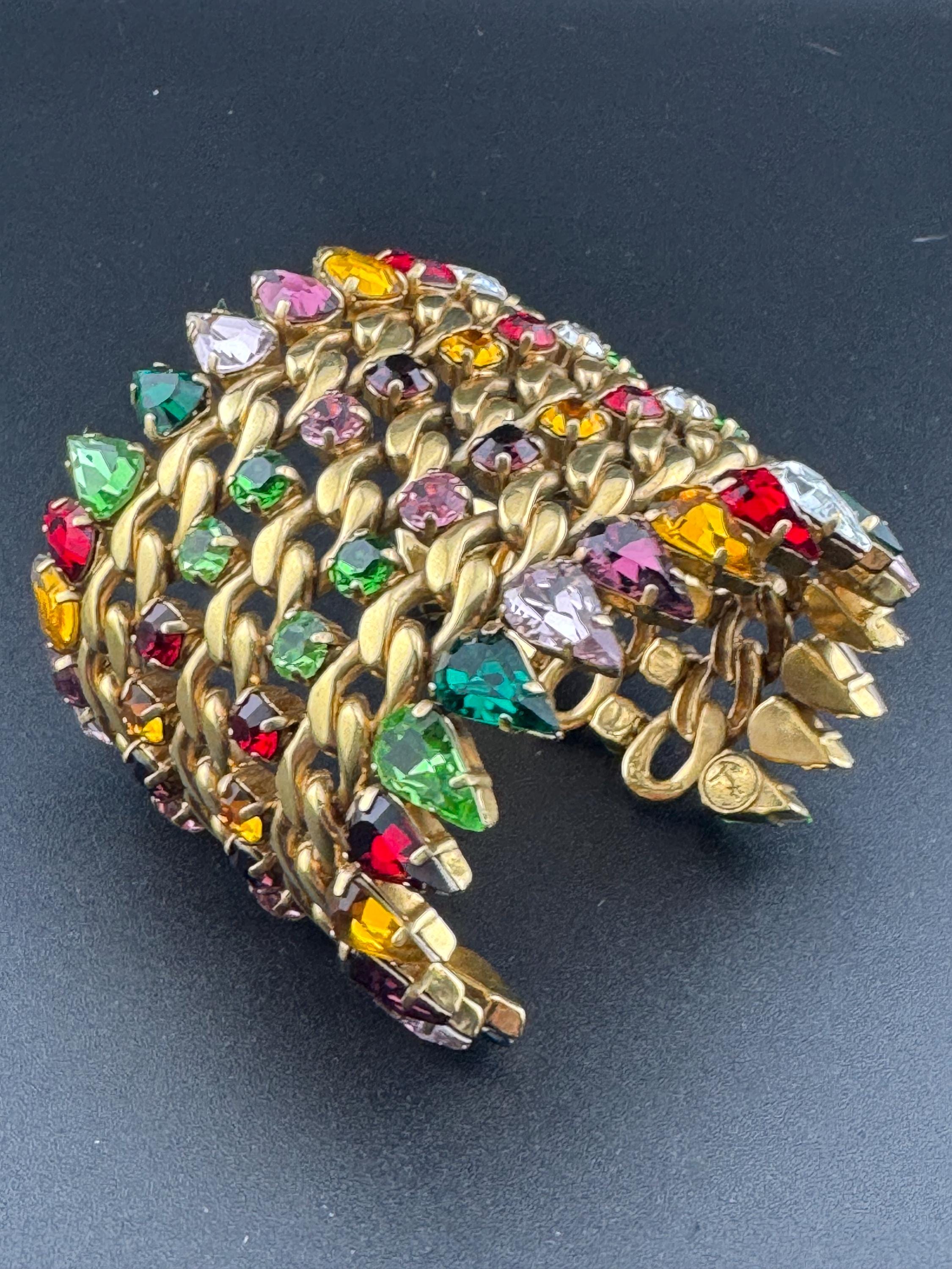 Wide chain link bracelet bangle encrusted with rainbow rhinestones, gold tone cuff