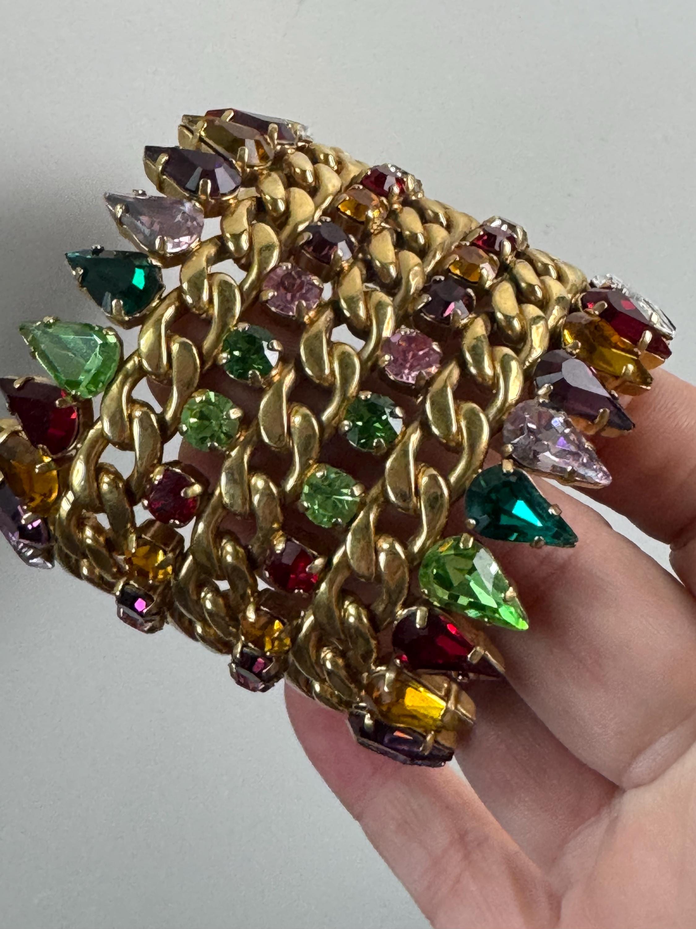 Wide chain link bracelet bangle encrusted with rainbow rhinestones, gold tone cuff