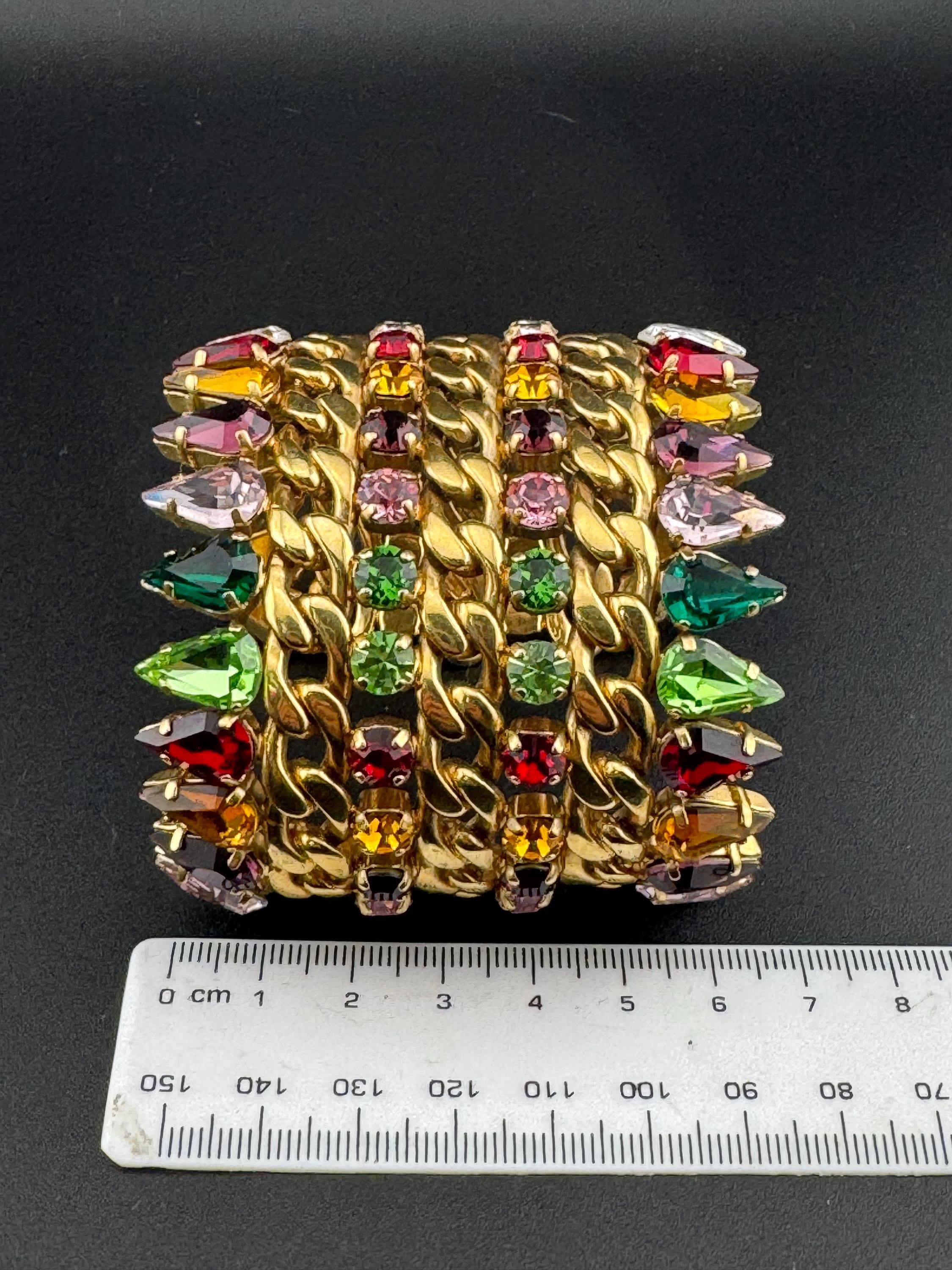 Wide chain link bracelet bangle encrusted with rainbow rhinestones, gold tone cuff