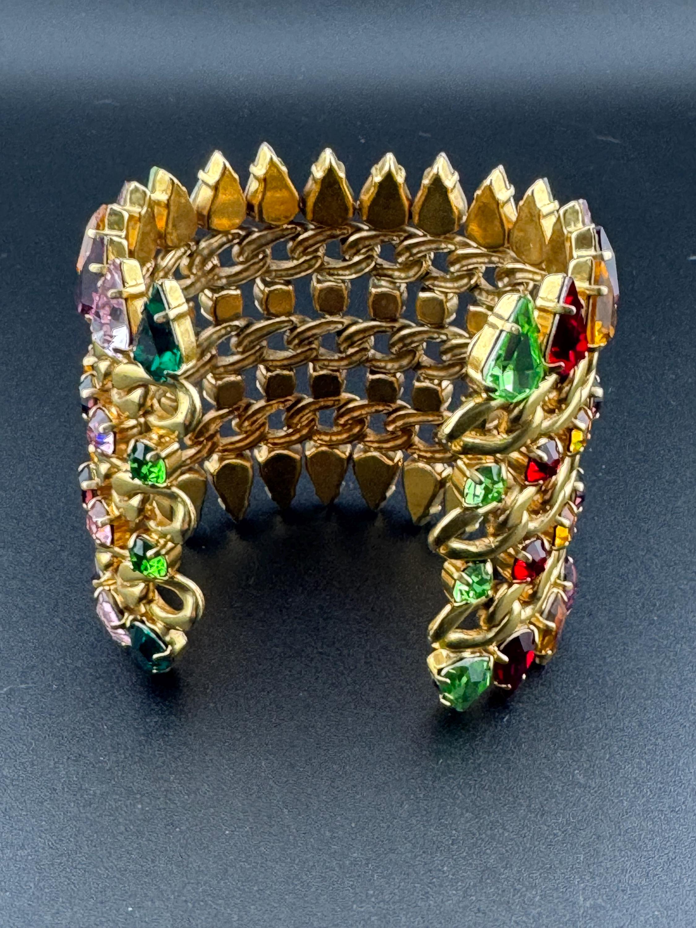 Wide chain link bracelet bangle encrusted with rainbow rhinestones, gold tone cuff