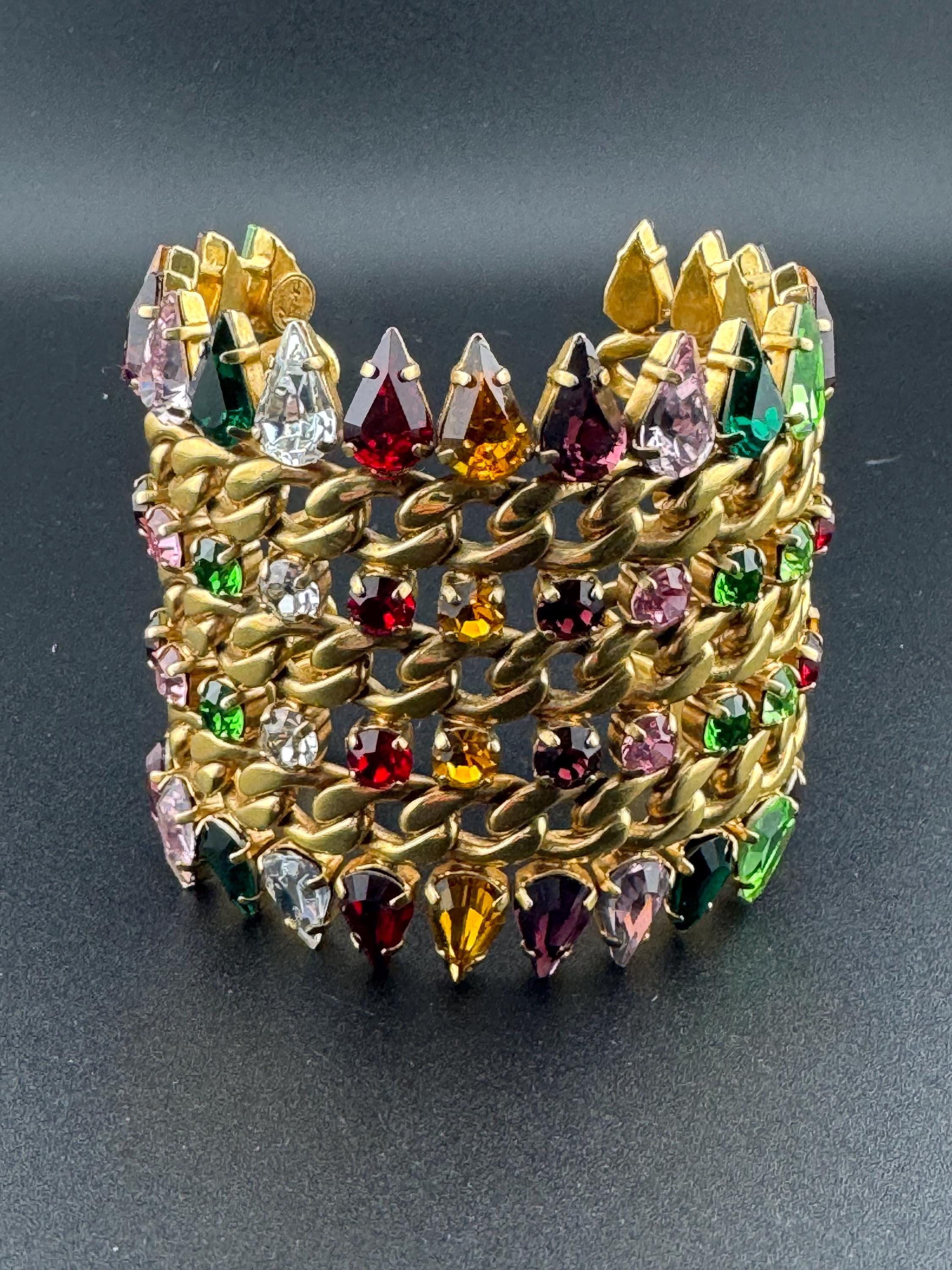 Wide chain link bracelet bangle encrusted with rainbow rhinestones, gold tone cuff