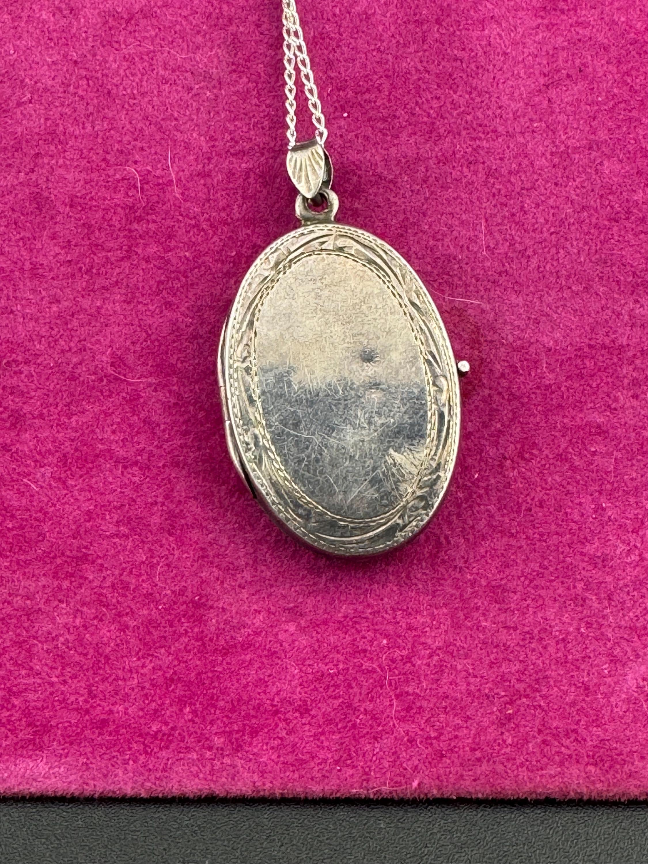 Vintage large photo Locket with engraved design, memorial keepsake tested but not stamped on a 925 silver chain