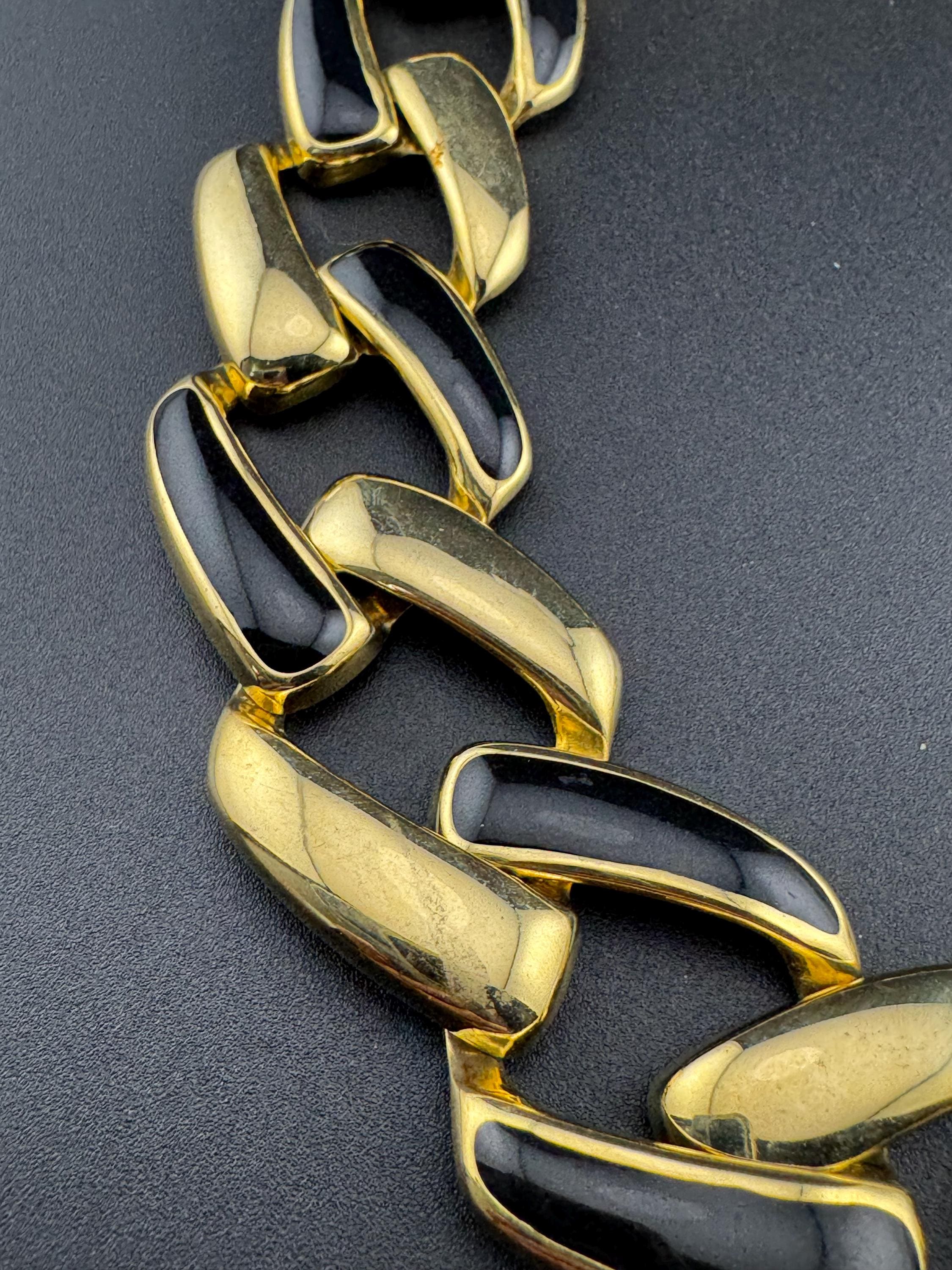 Retro gold tone and black enamel wide Chunky chain link necklace 47cm