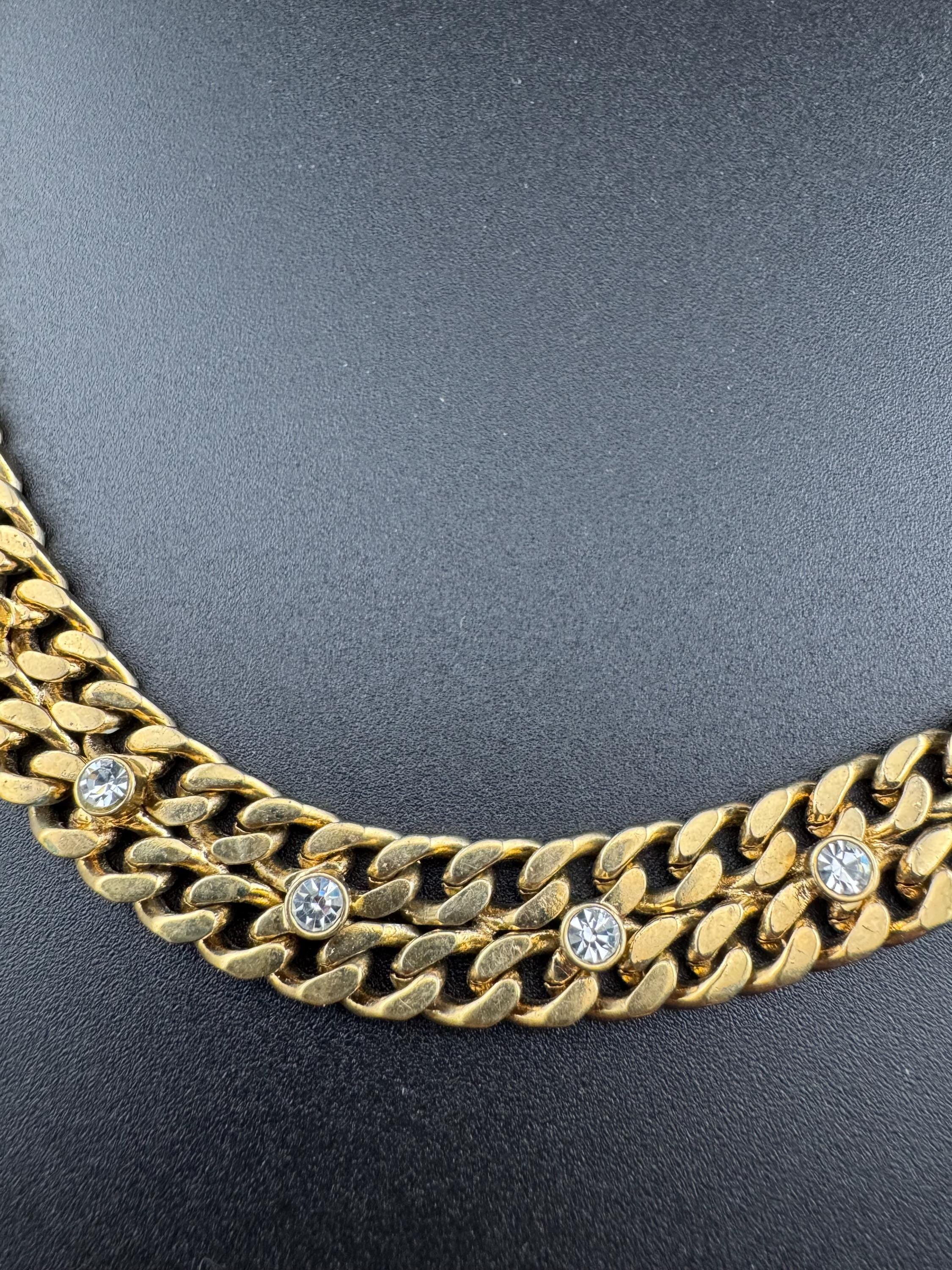 Vintage Gold tone modernist flat curb chain link gold necklace with clear paste diamanté 45cm