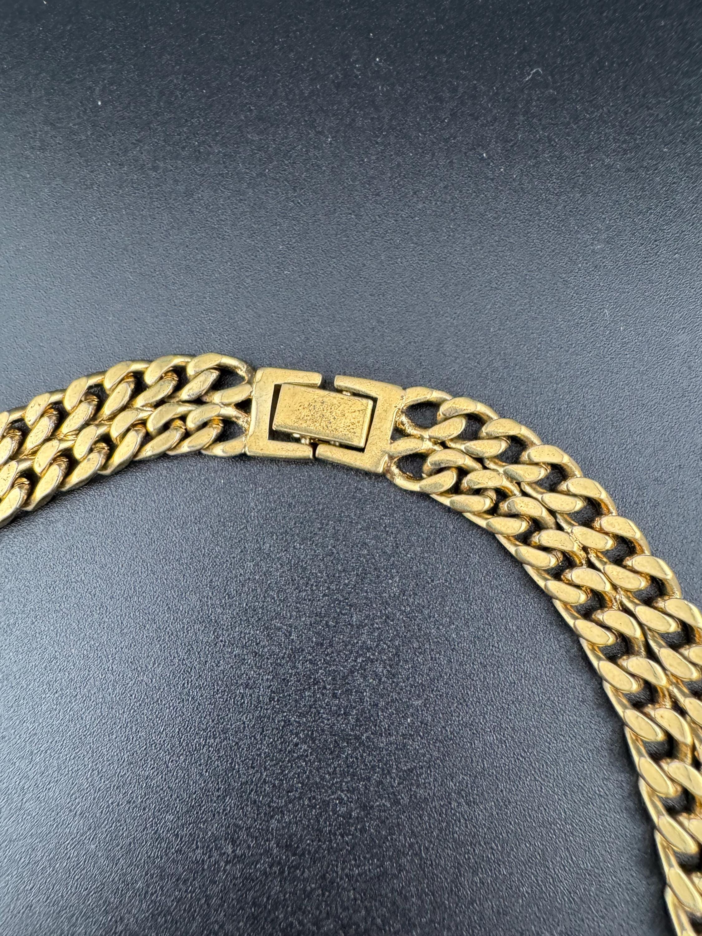 Vintage Gold tone modernist flat curb chain link gold necklace with clear paste diamanté 45cm