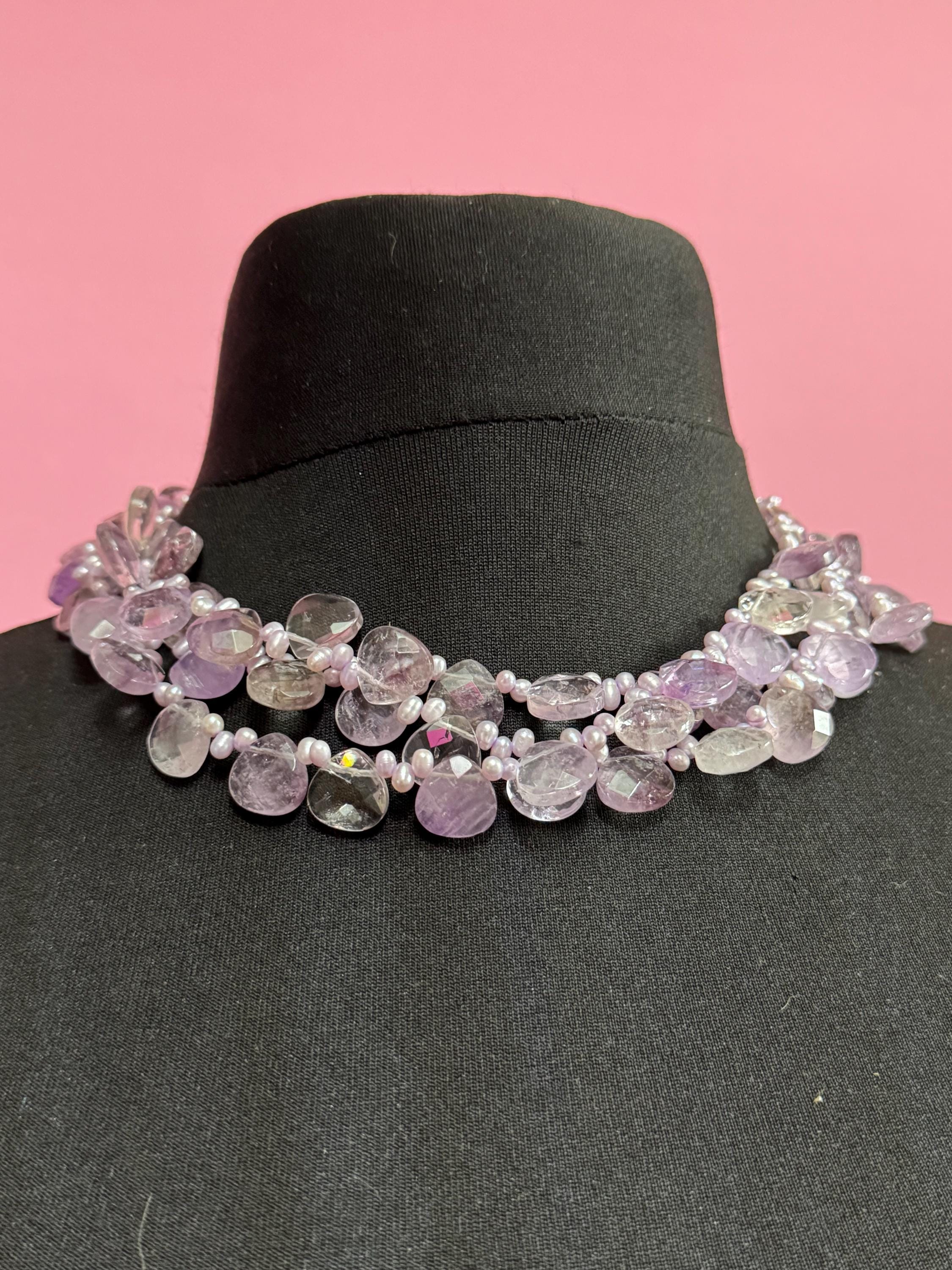 Signed PIA boxed Vintage beaded amethyst Multistrand collar necklace made with natural cut gemstones and freshwater  pearls