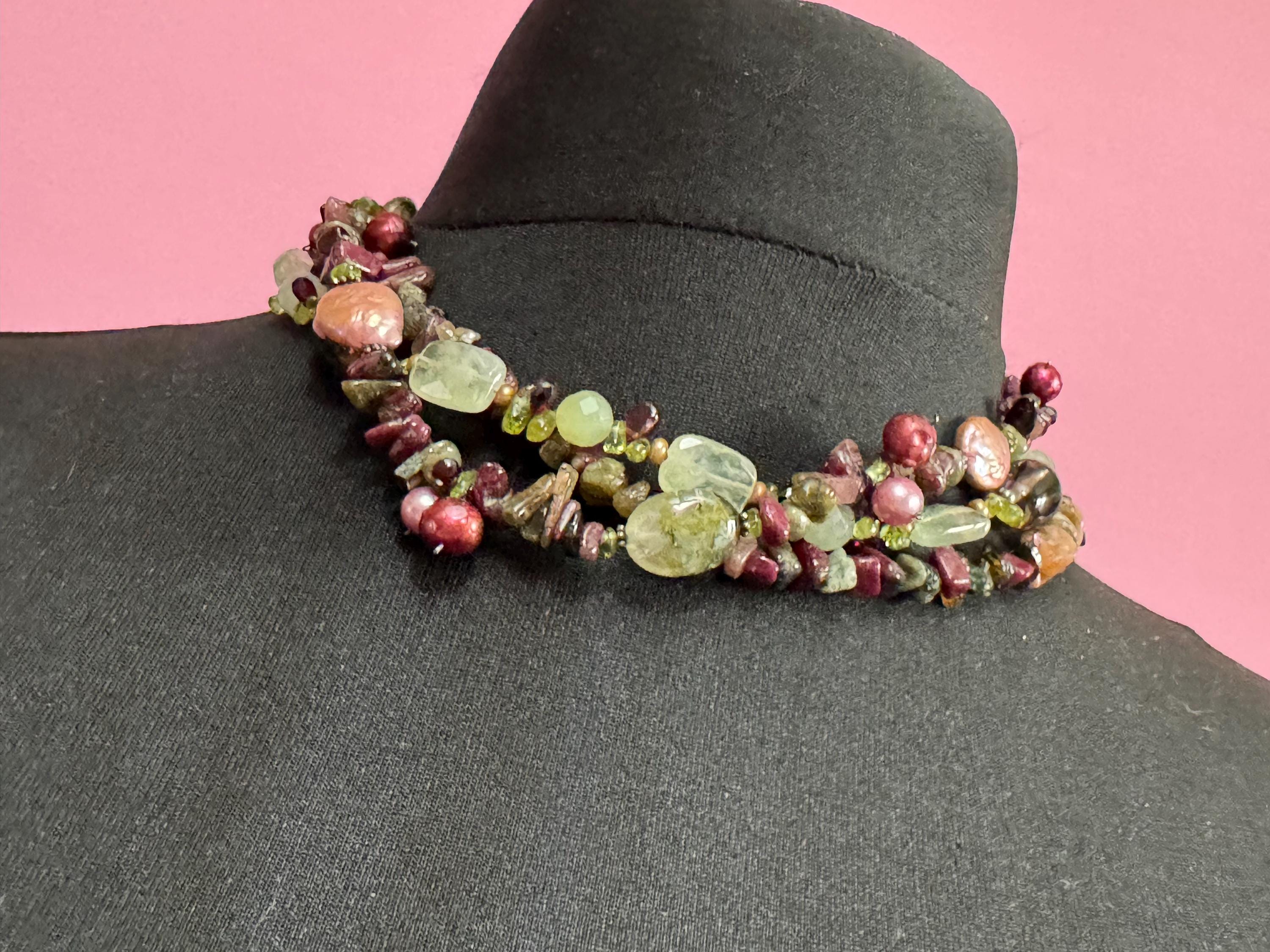 Signed PIA boxed Vintage beaded natural gemstone Multistrand collar necklace made with polished stones brown green tones