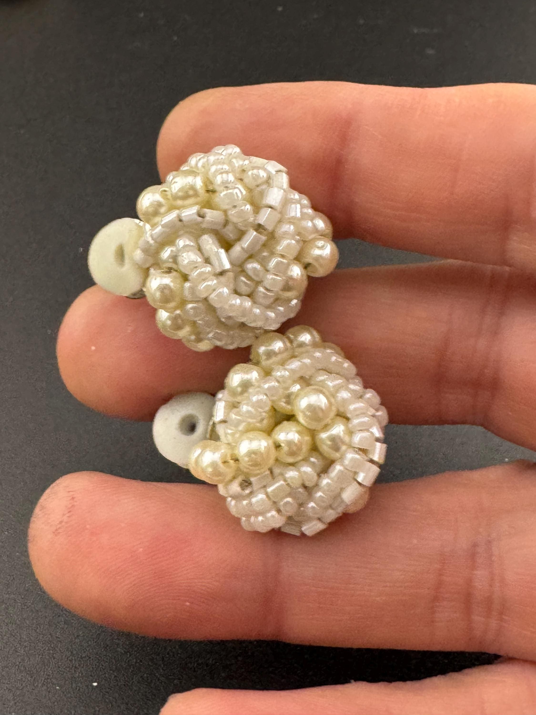 Vintage cream glass seed beaded KNOT Cluster turban earrings studs clip on  Earrings