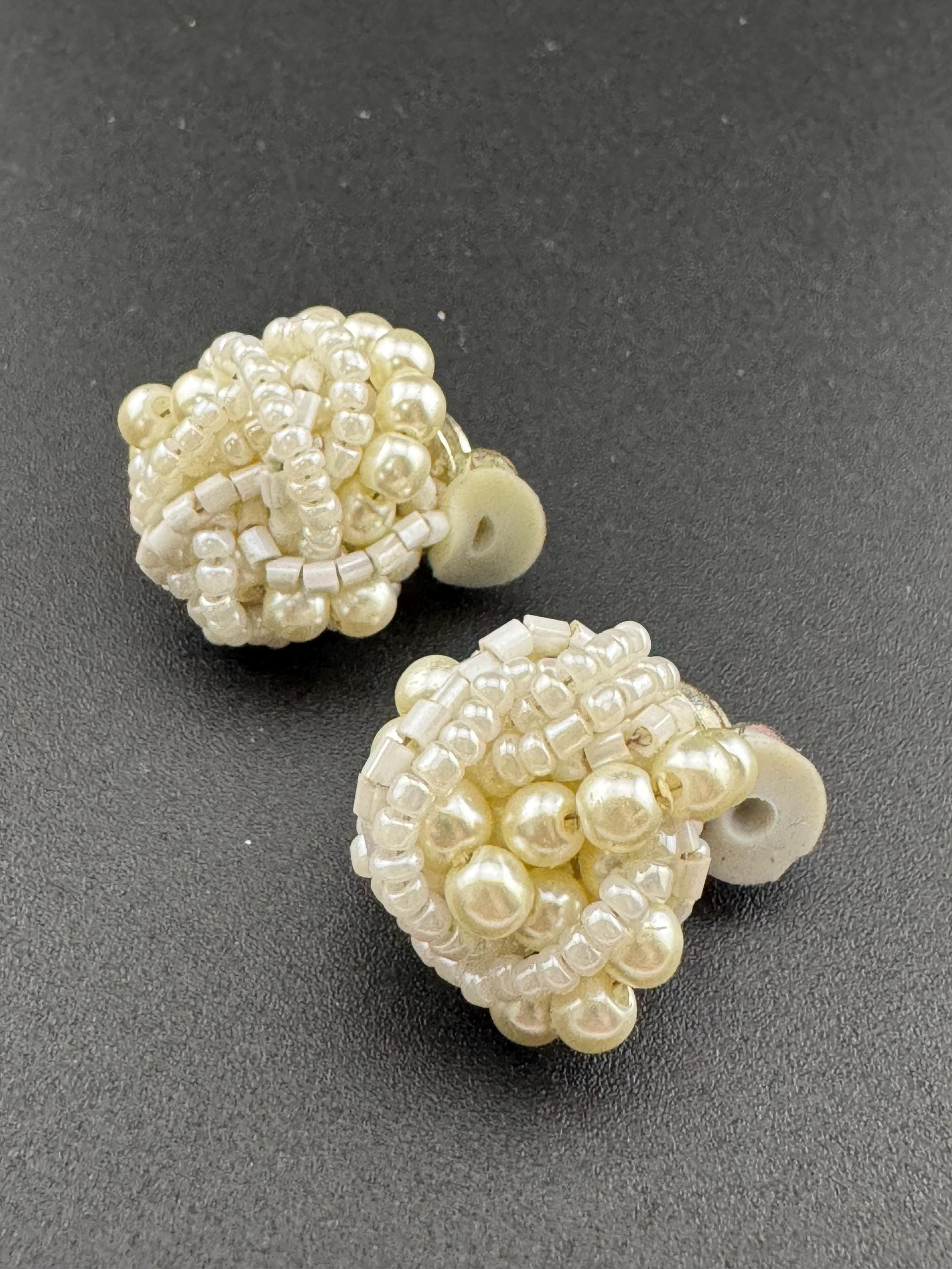 Vintage cream glass seed beaded KNOT Cluster turban earrings studs clip on  Earrings